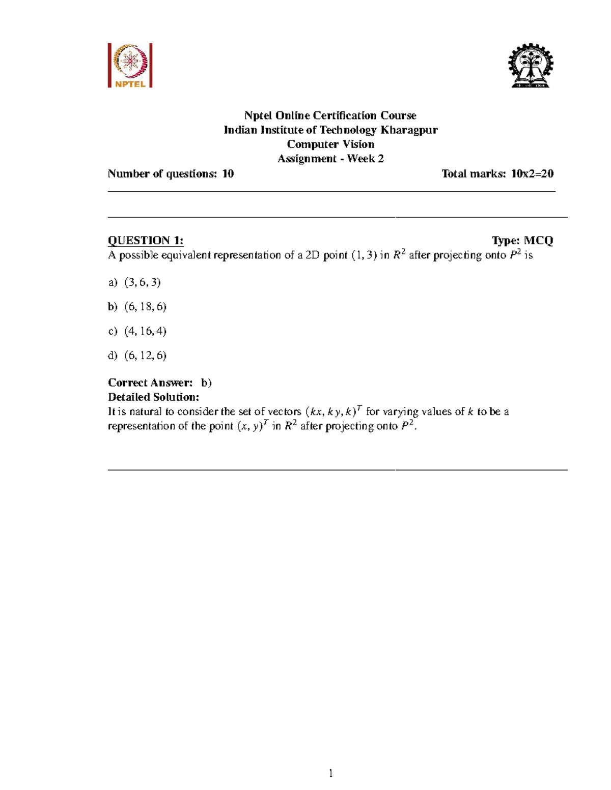 NPTEL Course Assignment 2: Computer Vision Week 2 Solutions - Studocu