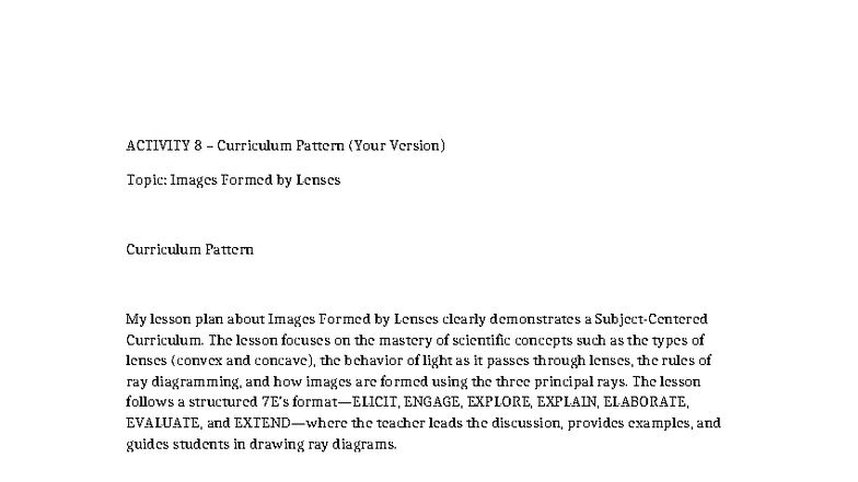 Activity 8: Curriculum Pattern on Images Formed by Lenses - Studocu