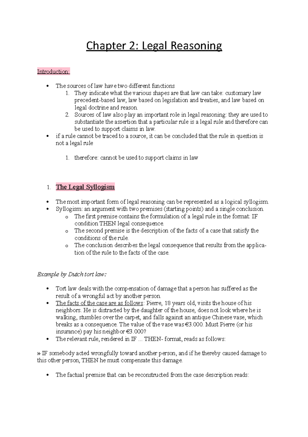 Legal Reasoning and the Sources of Law - Chapter 2 Overview - Studeersnel