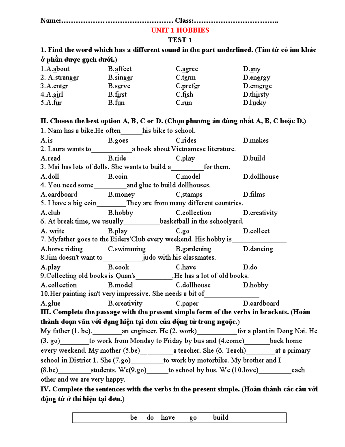 E7 U1 Hobbies Test - Listening & Grammar Exercises - Studocu