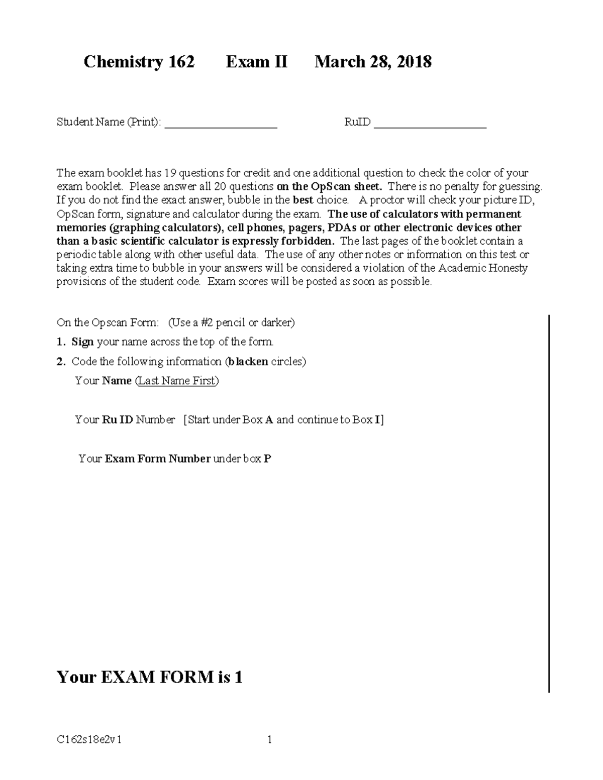 Chem test 2 spring 2018 - General Chemistry Exam II - Chemistry 16 2 ...