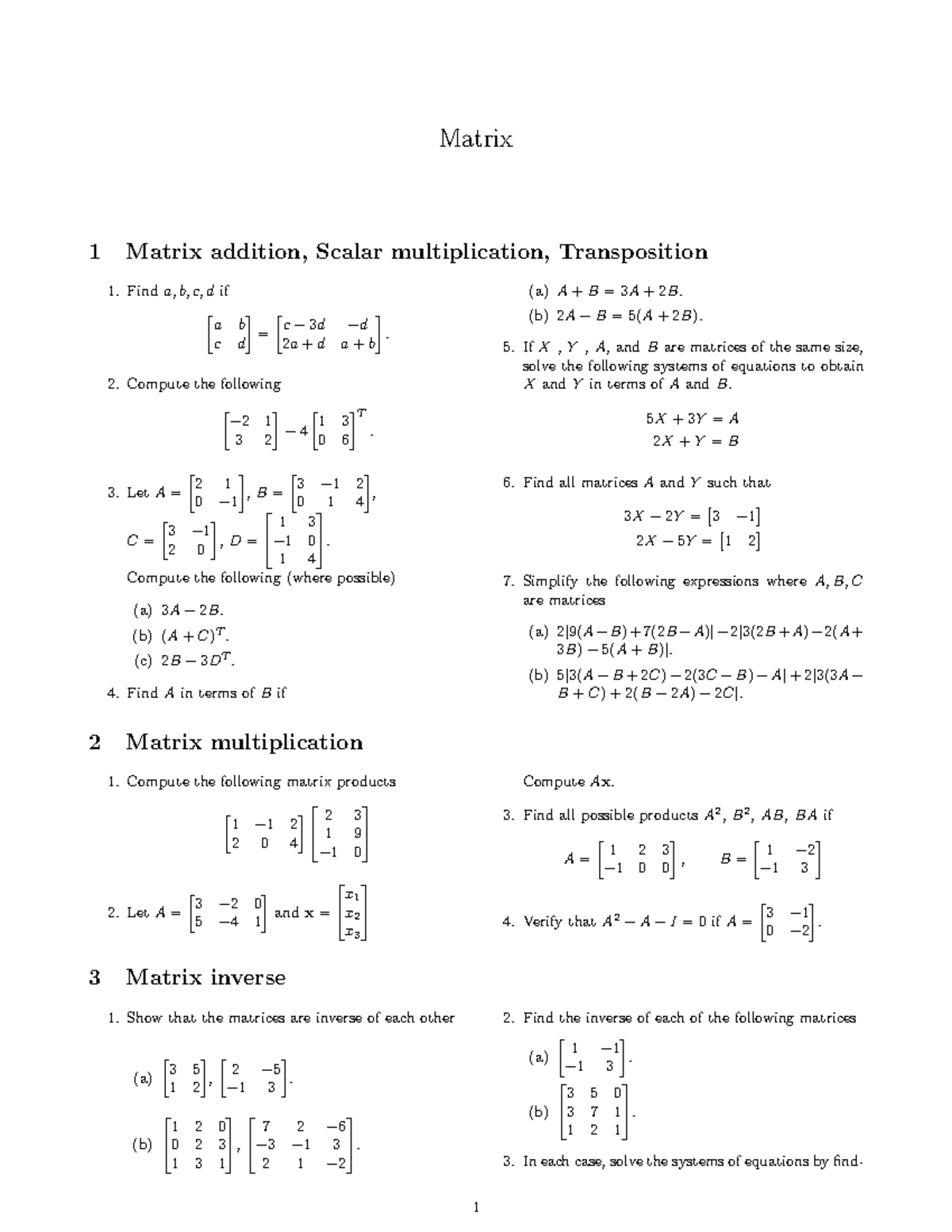 MATH211: Matrix Operations and Properties Notes for Exam - Studocu