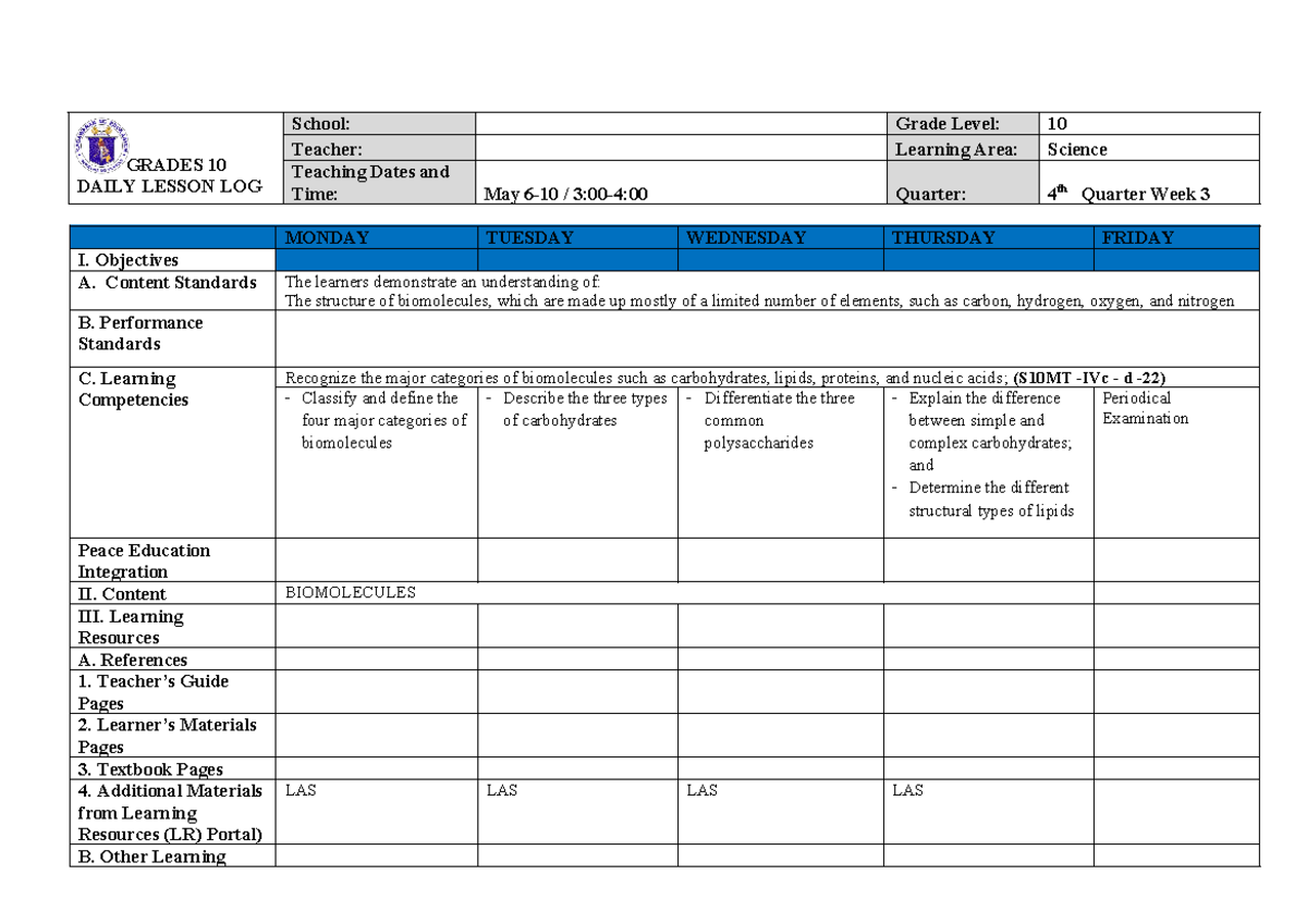 Science 10 DLL Q4 W3: Daily Lesson Log on Biomolecules - Studocu