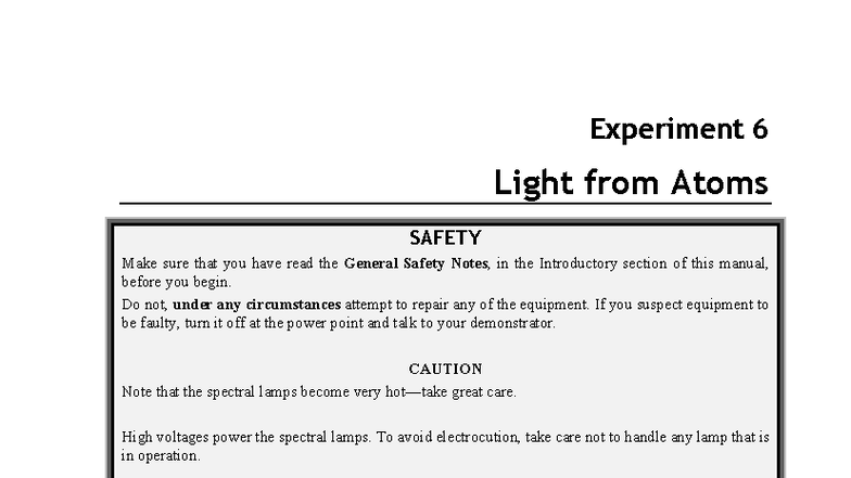 Experiment 6: Light from Atoms - Safety and Analysis Guide (PHYS 2025 ...