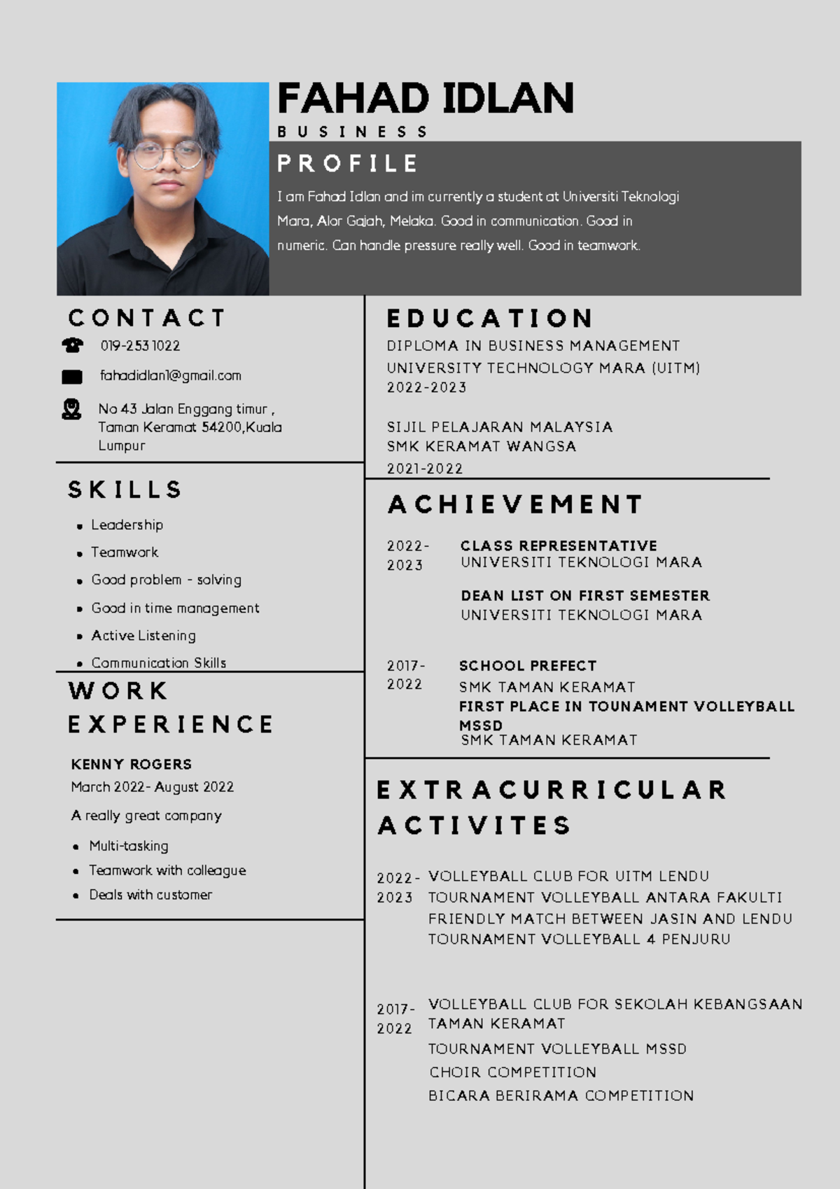 Resume of Fahad Idlan - UITM Diploma in Business Management - Studocu