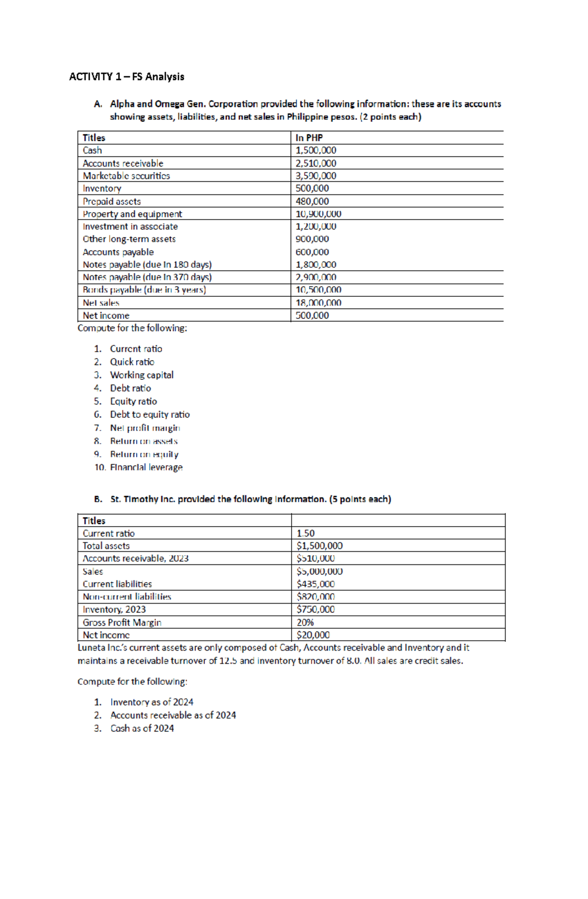 Activity FS Analysis - Lecture Notes on Financial Ratios - Studocu
