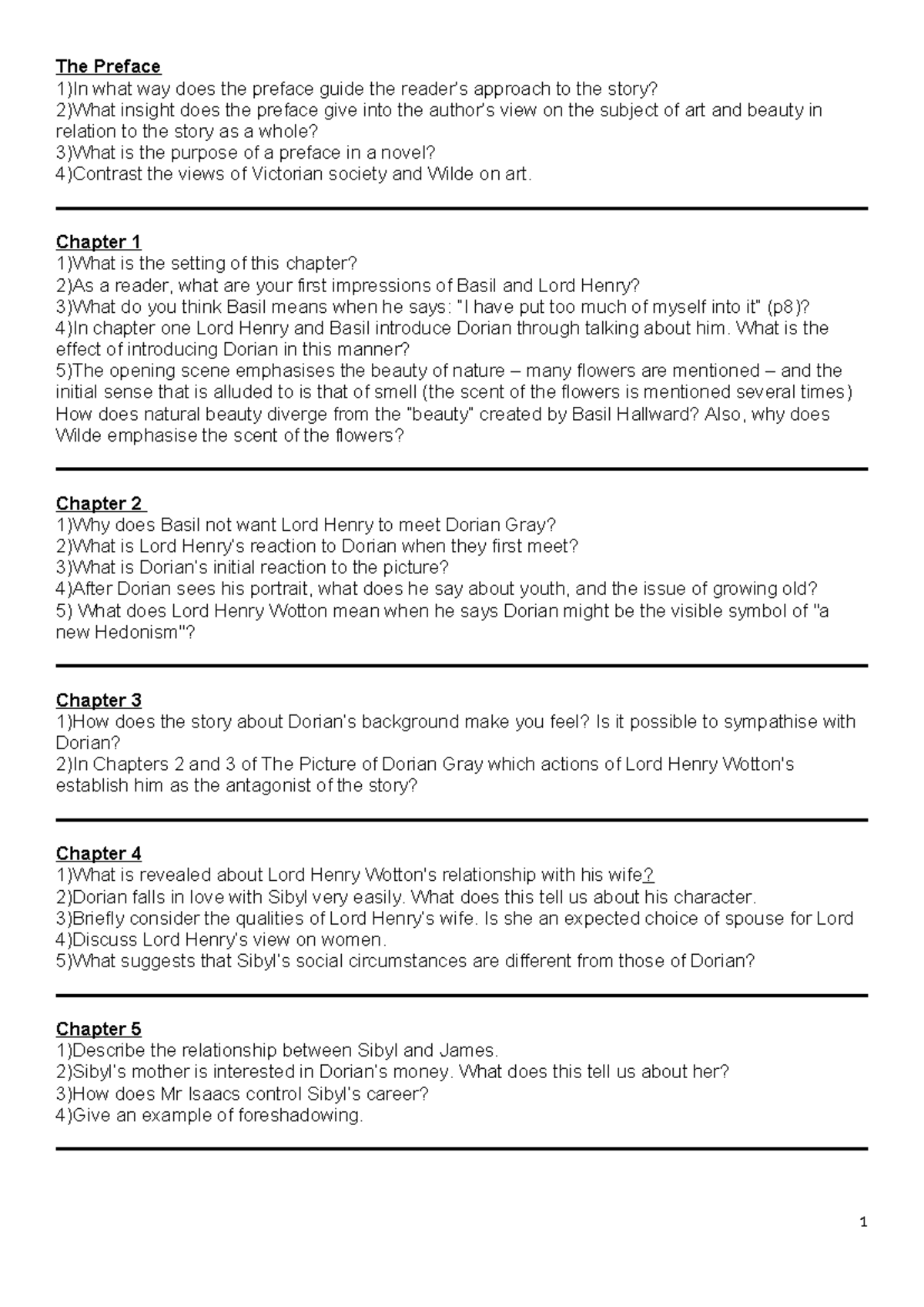 The Picture of Dorian Gray: Chapter Analysis and Class Test Questions ...