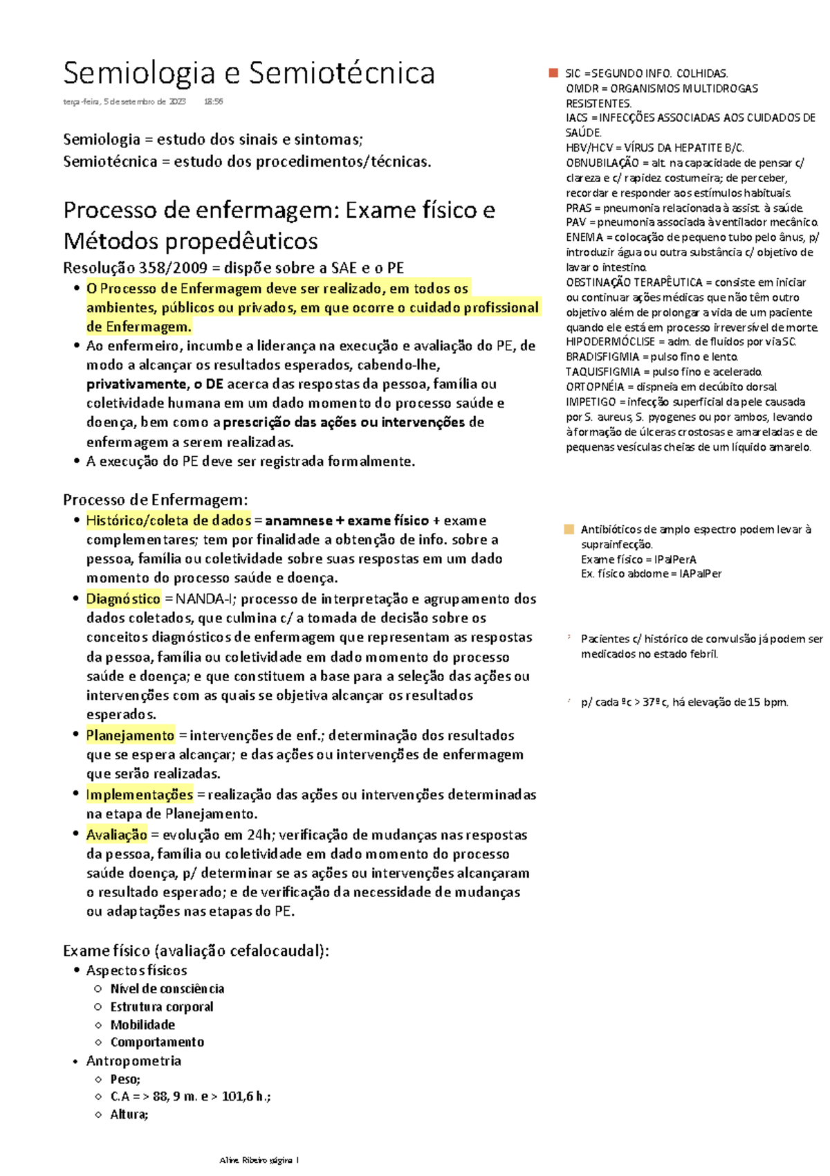 Resumo Semiologia 1 - Fundamentos e Processo de Enfermagem - Studocu