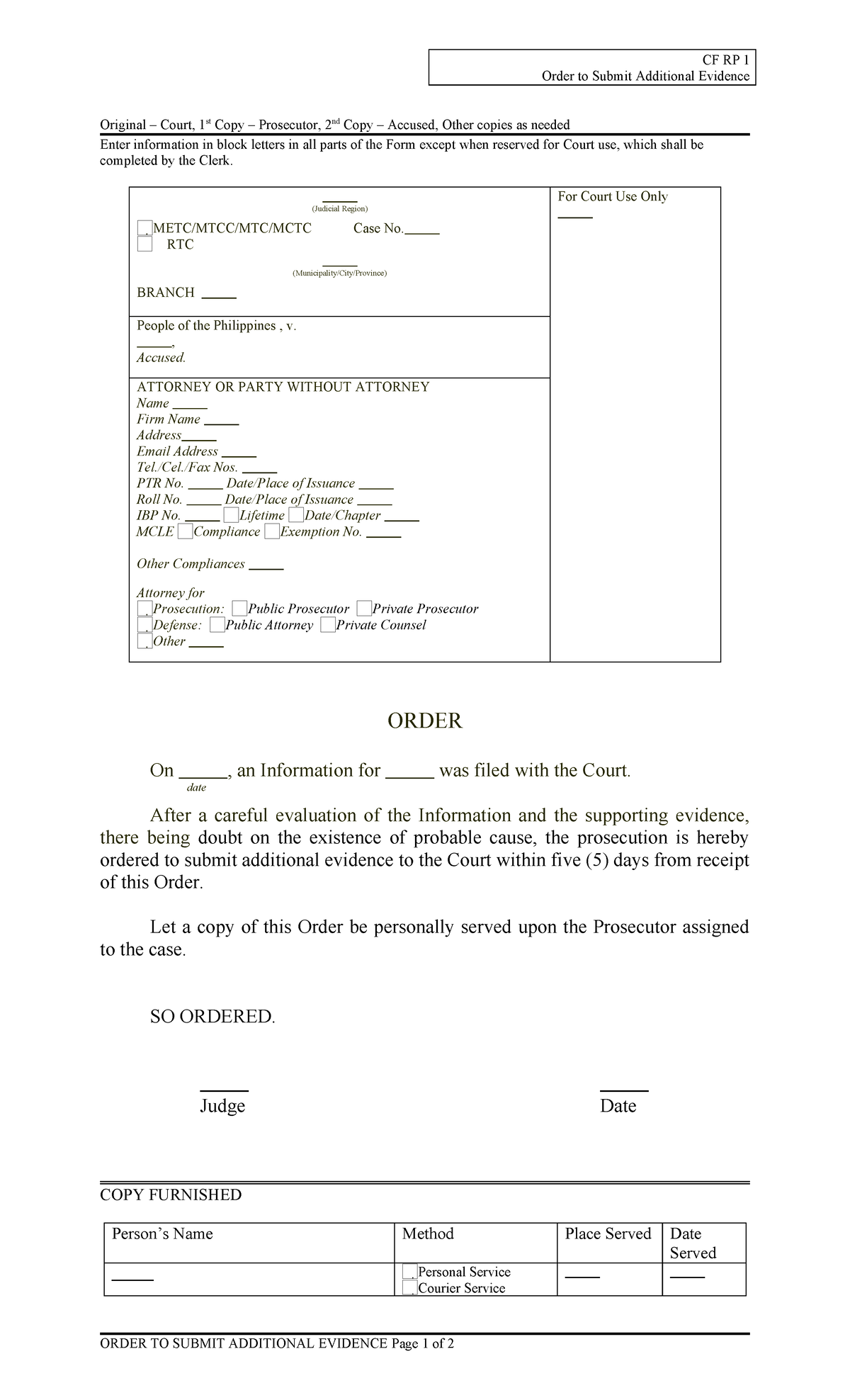 CF RP 1 Order for Additional Evidence Submission in Court - Studocu
