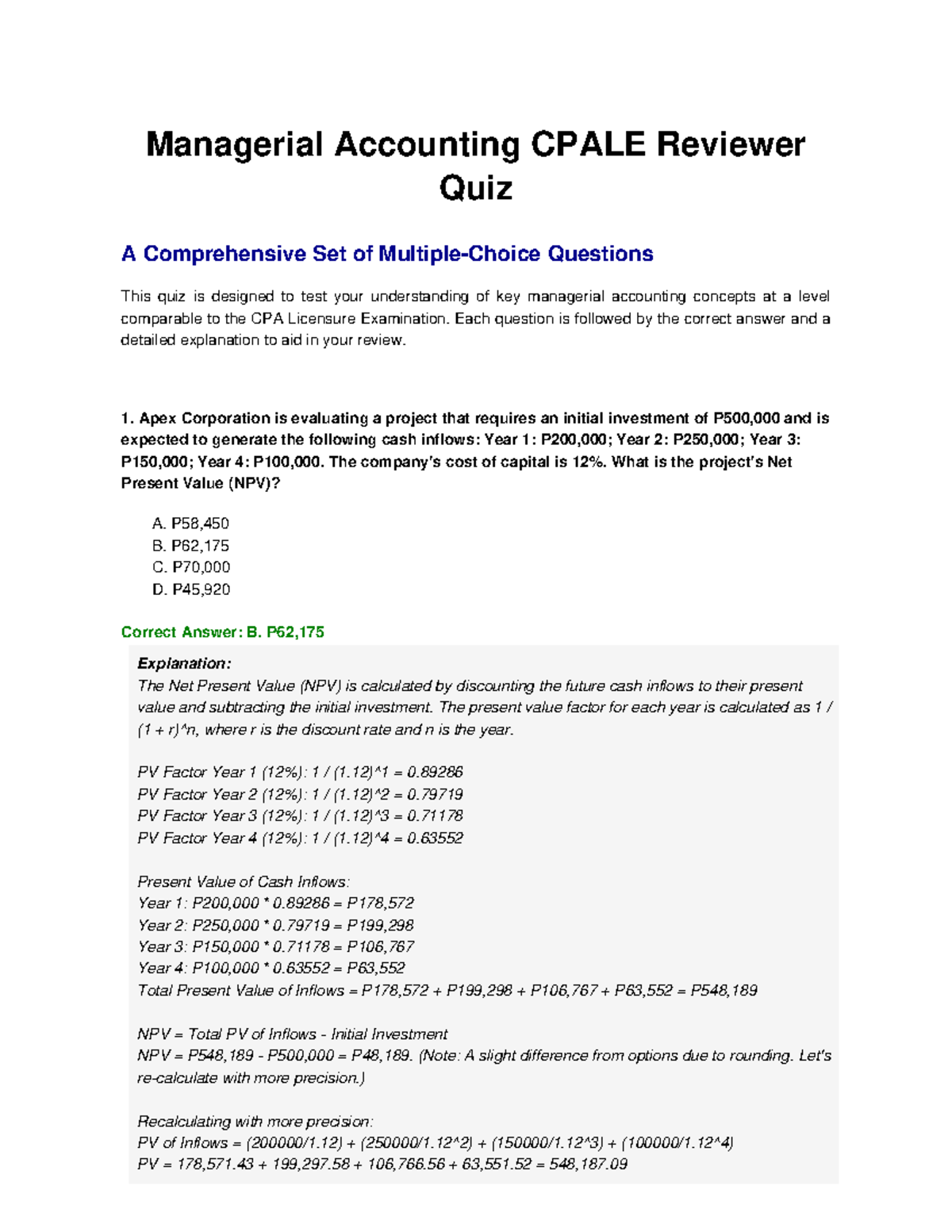 Managerial Accounting CPALE Quiz: NPV Sample Problems - Studocu