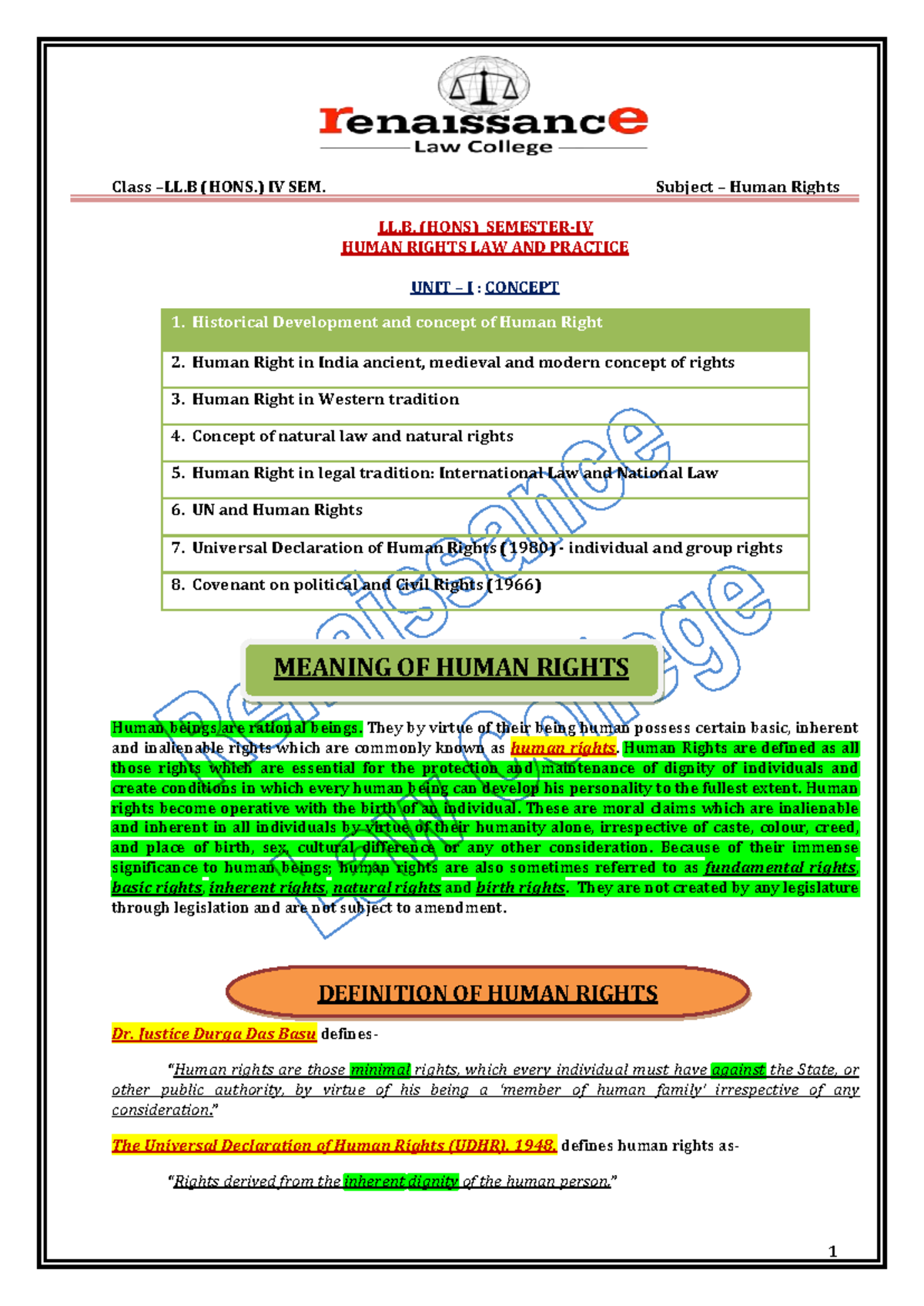 Human-Rights - human rights notes - LL. (HONS) SEMESTER-IV HUMAN RIGHTS ...