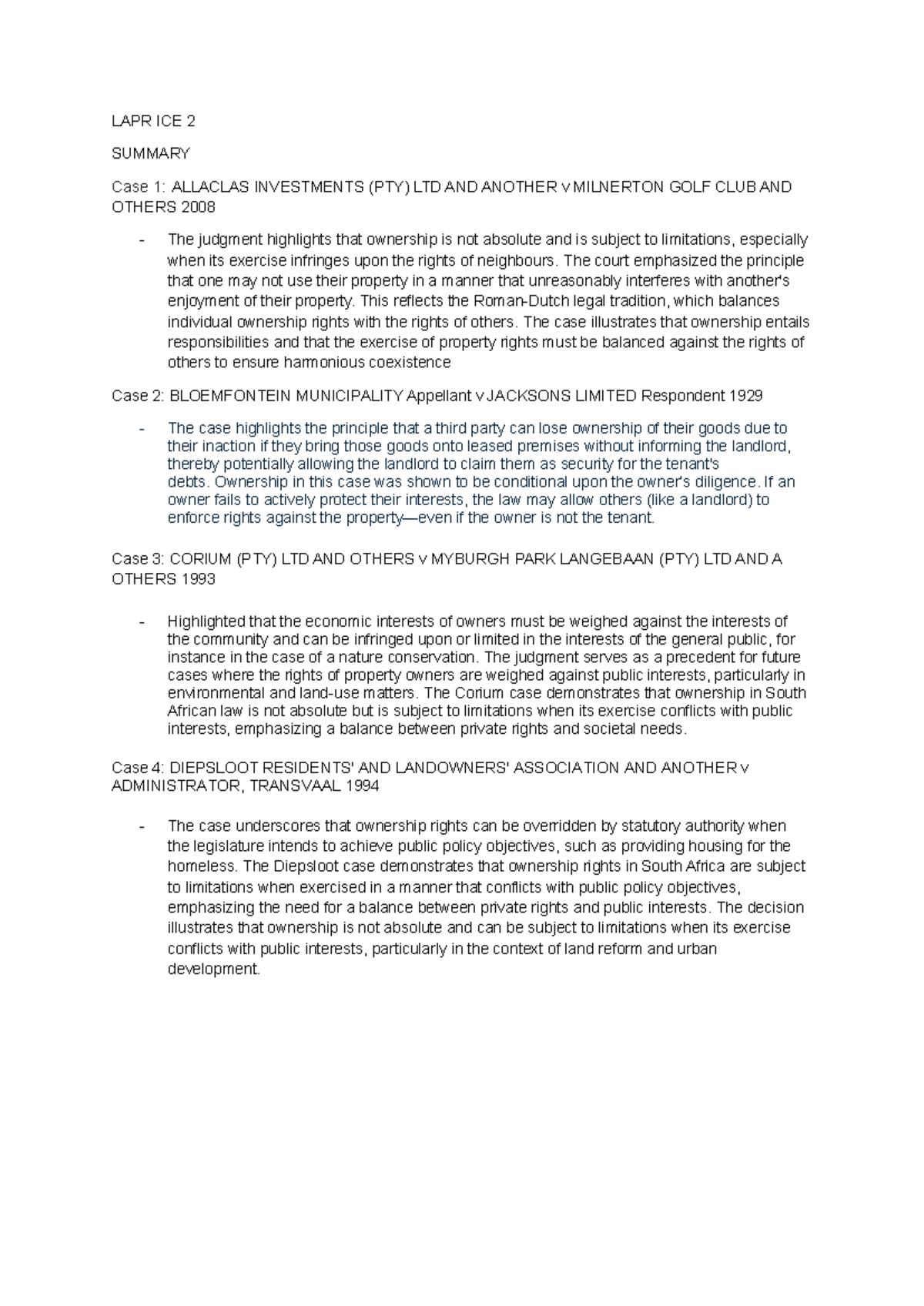 LAPR ICE 2 - Case Law Summaries on Property Ownership Rights - Studocu