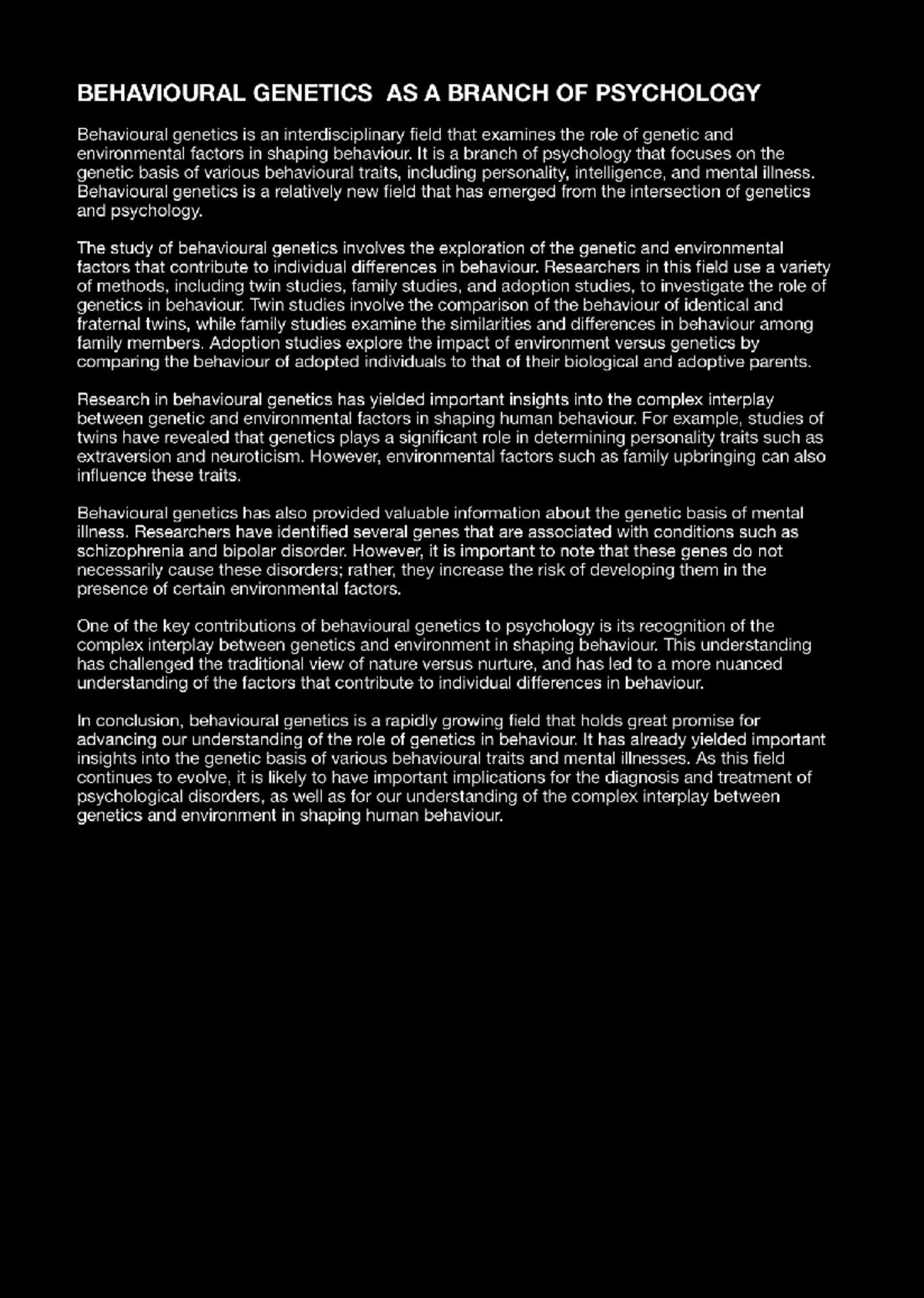 Behavioural Genetics as a Branch of Psychology - PSY - Studocu