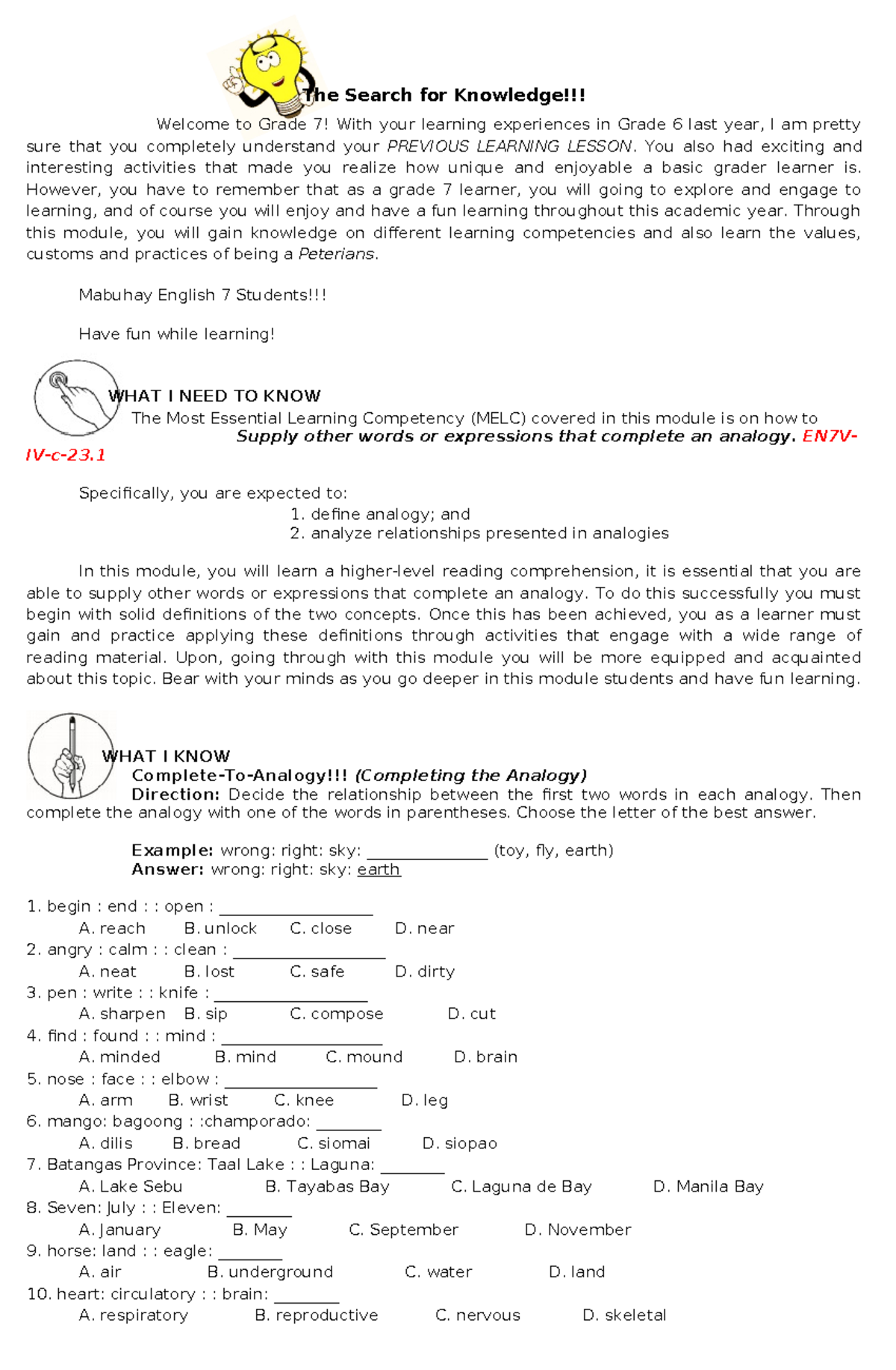 Quarter 1 (Module 1) - English 7 Analogy Learning Notes - Studocu
