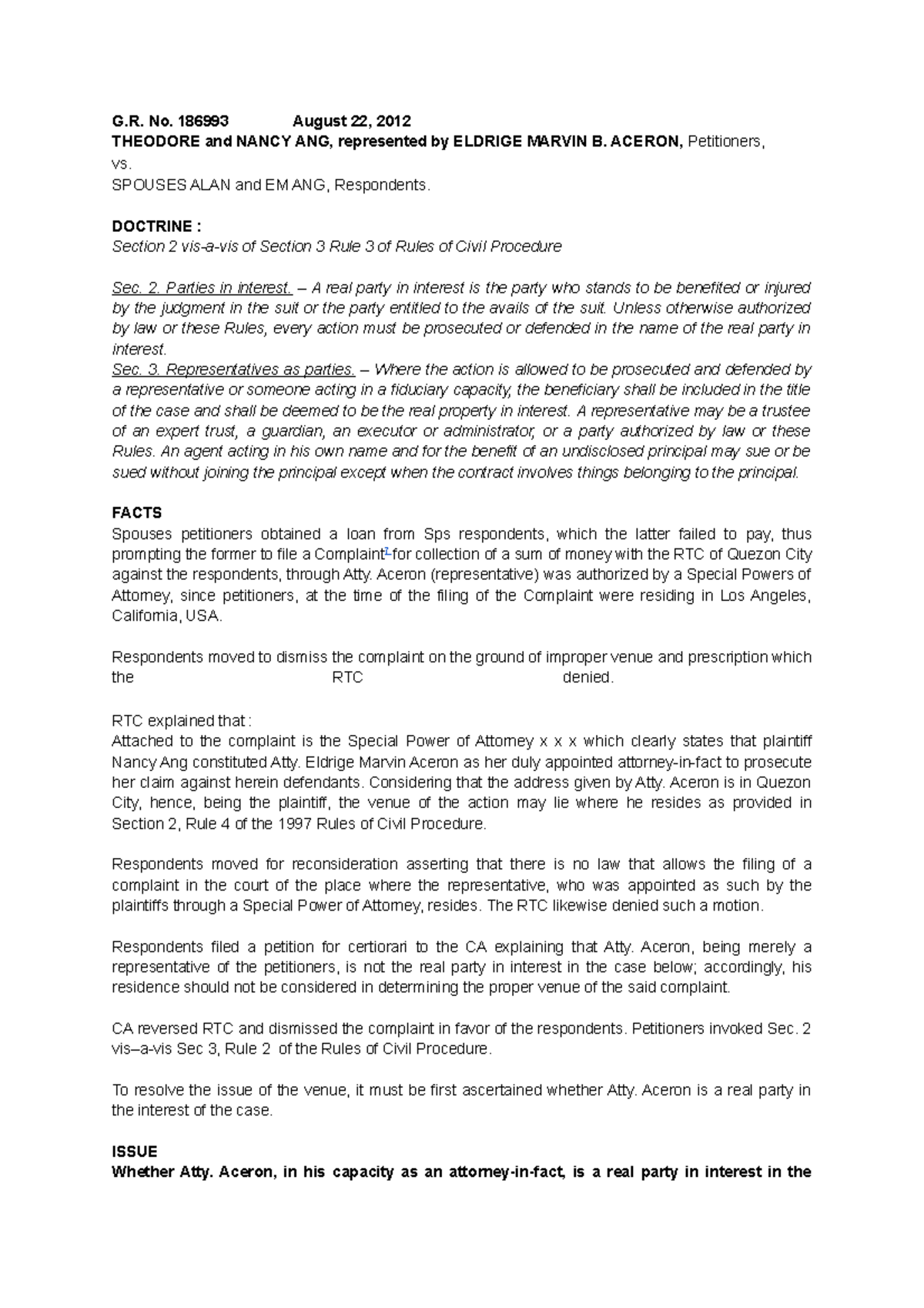 Ang v. Ang G.R. No. 186993 - Analysis of Civil Procedure Rules - Studocu