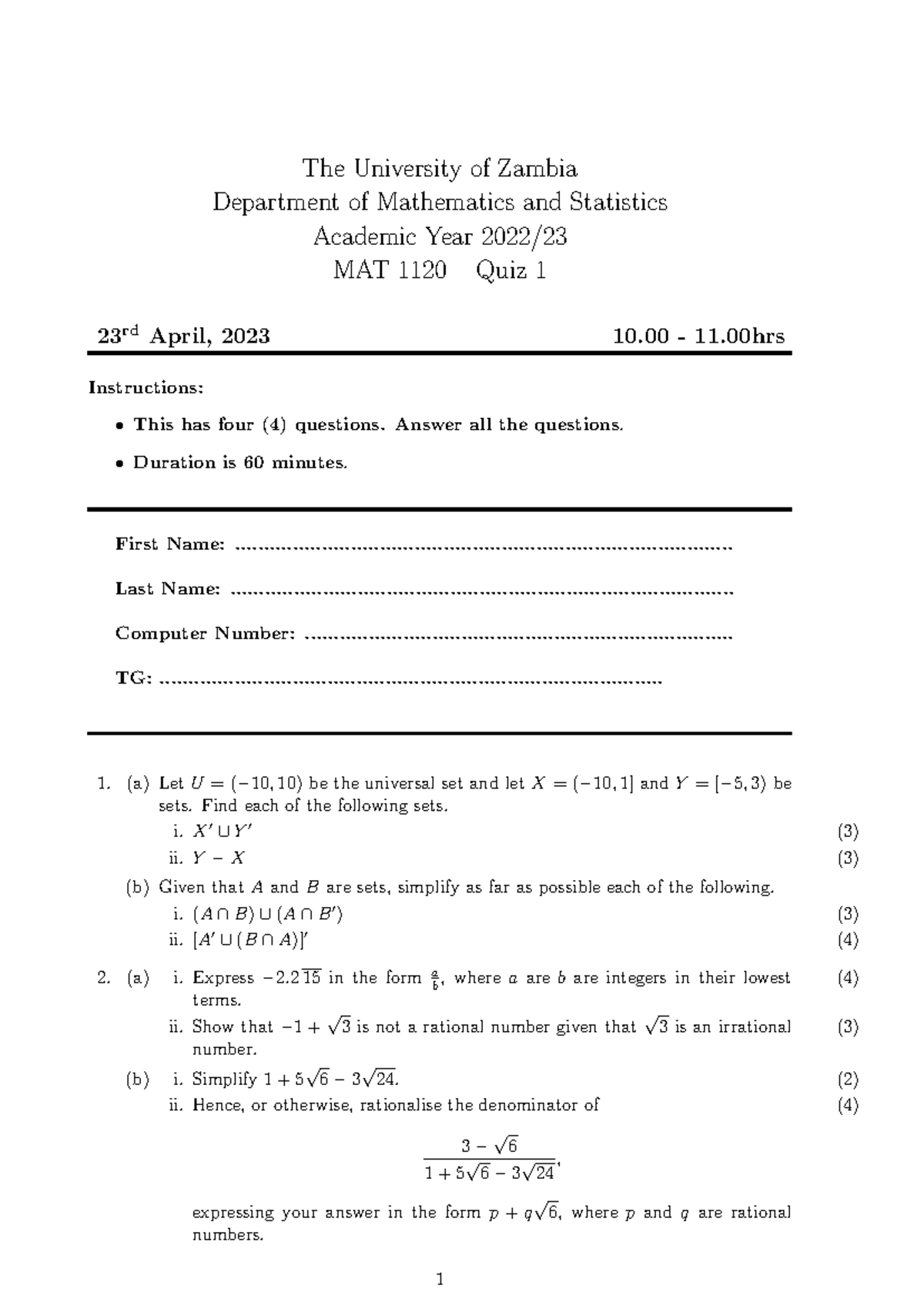 MAT 1120 Quiz 1 - Mathematics and Statistics, April 2023 - Studocu