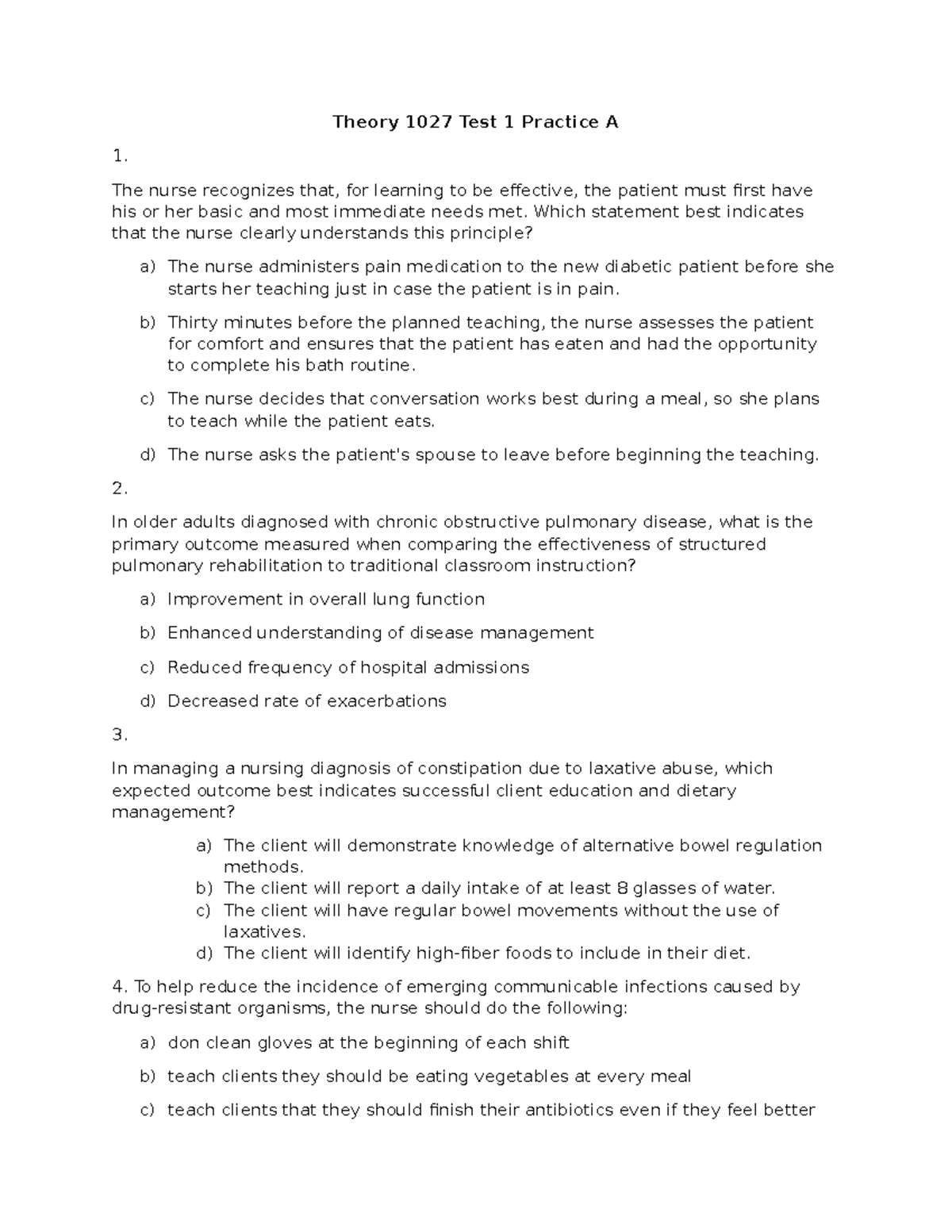 Theory 1027 Test 1 Practice Questions and Answers for Nursing Students ...