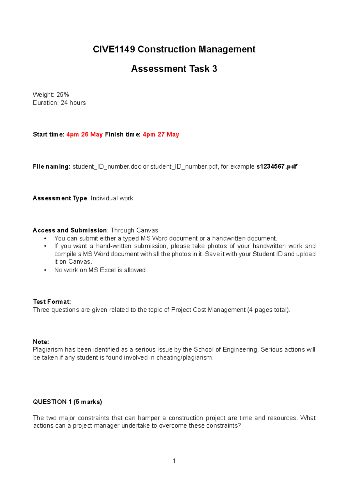 CIVE1149 Construction Management Assignment 3 Overview and Guidelines ...