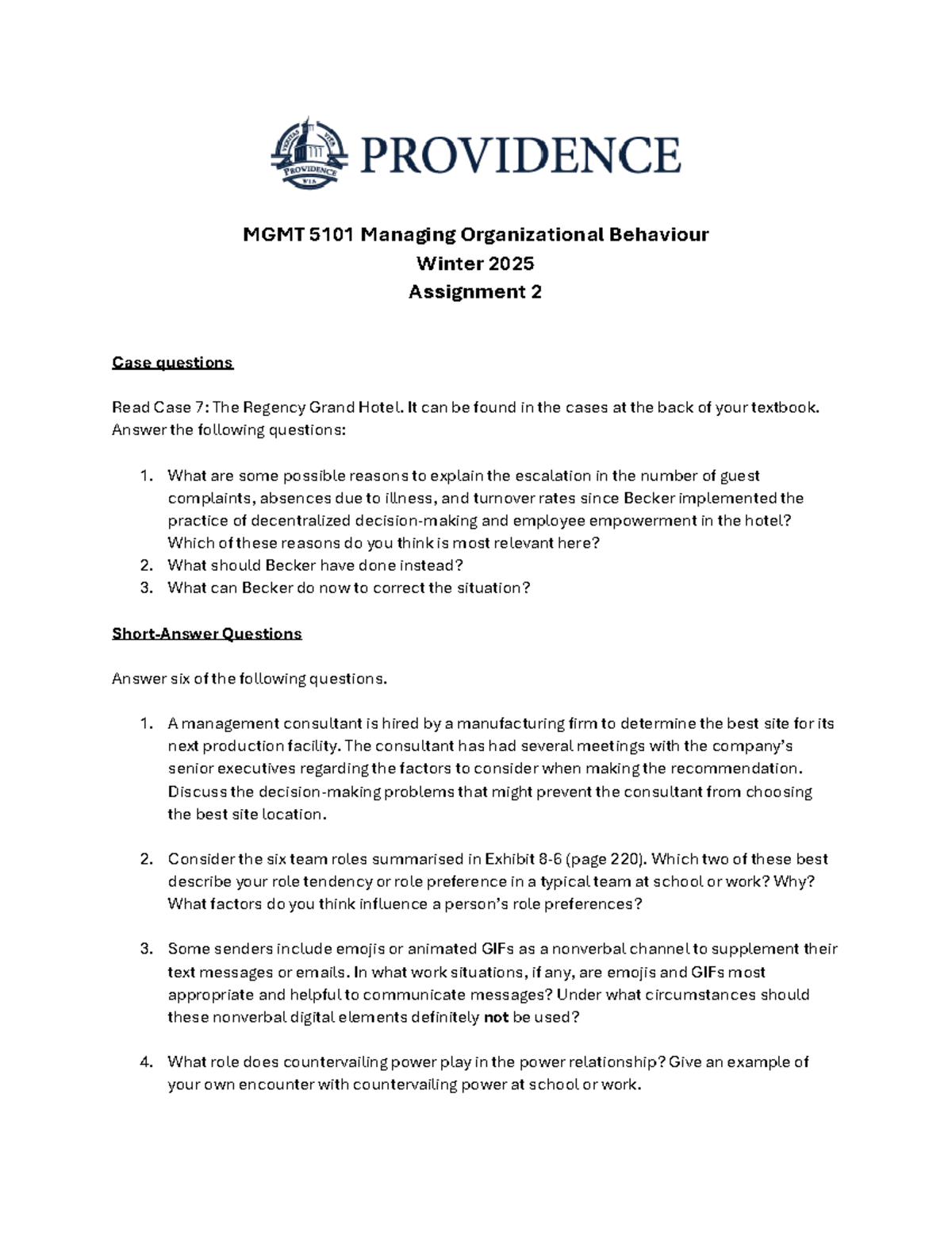 MGMT 5101 Winter 2025 Assignment 2: Case Study on Regency Grand Hotel ...