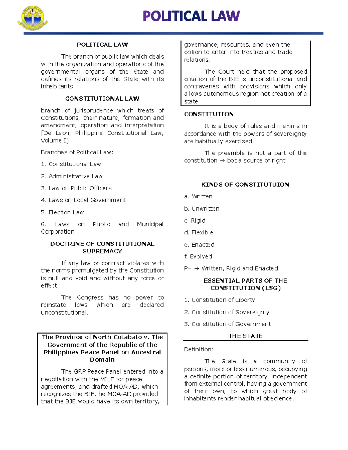 POLITICAL LAW - Poli Law Lecture Notes and Key Concepts - Studocu