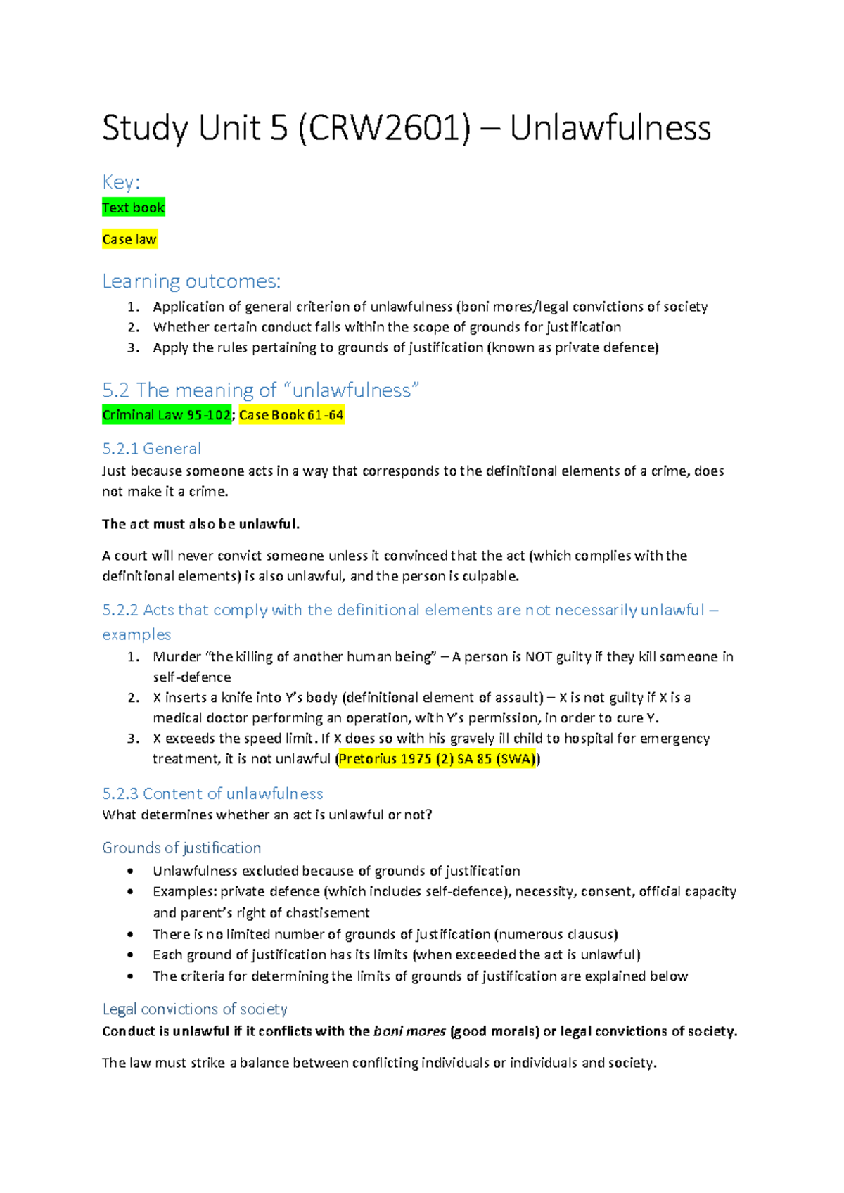 Study Unit 5 (CRW2601) on Unlawfulness and Private Defence Concepts ...
