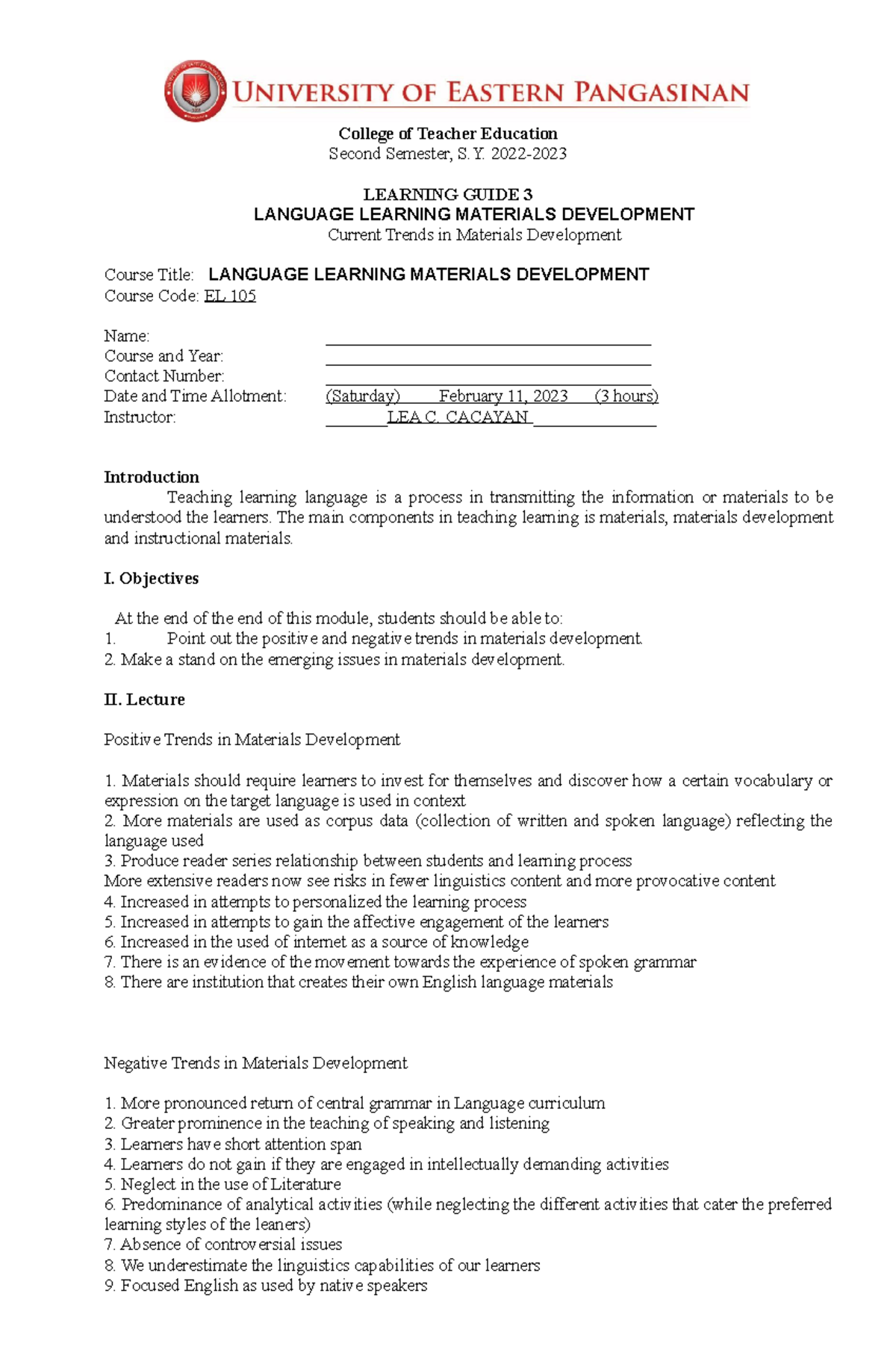 Learning Guide 3: Trends in Language Learning Materials (EL 105) - Studocu