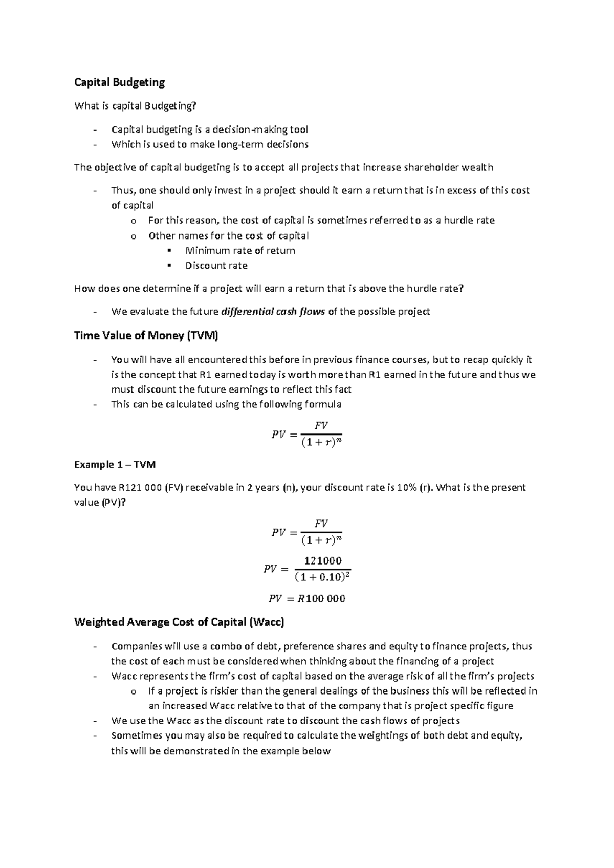 Capital Budgeting Lecture Notes Fin 101 On Concepts Methods Studocu