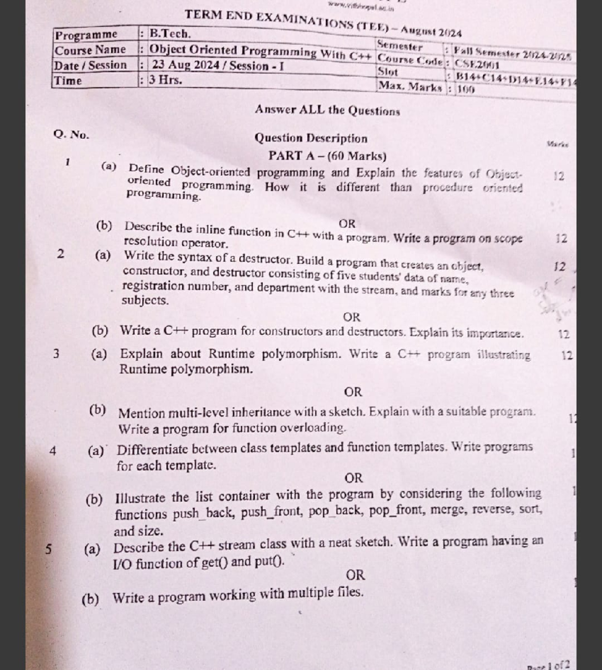 CSE2001: Object Oriented Programming TEE Paper - August 2024 - Studocu