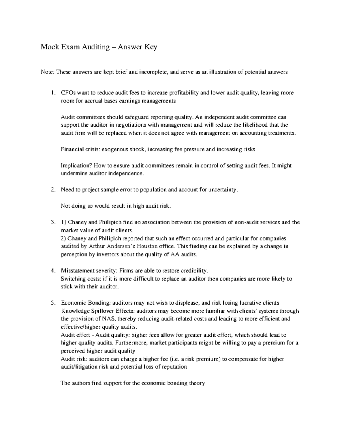 Mock Exam AUD 101 - Auditing Answer Key and Key Concepts - Studeersnel