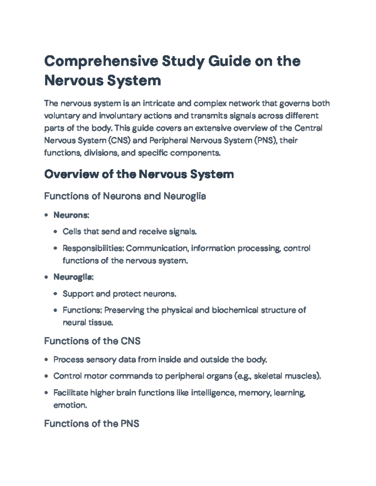 Comprehensive Study Guide on the Nervous System (BIO101 ...
