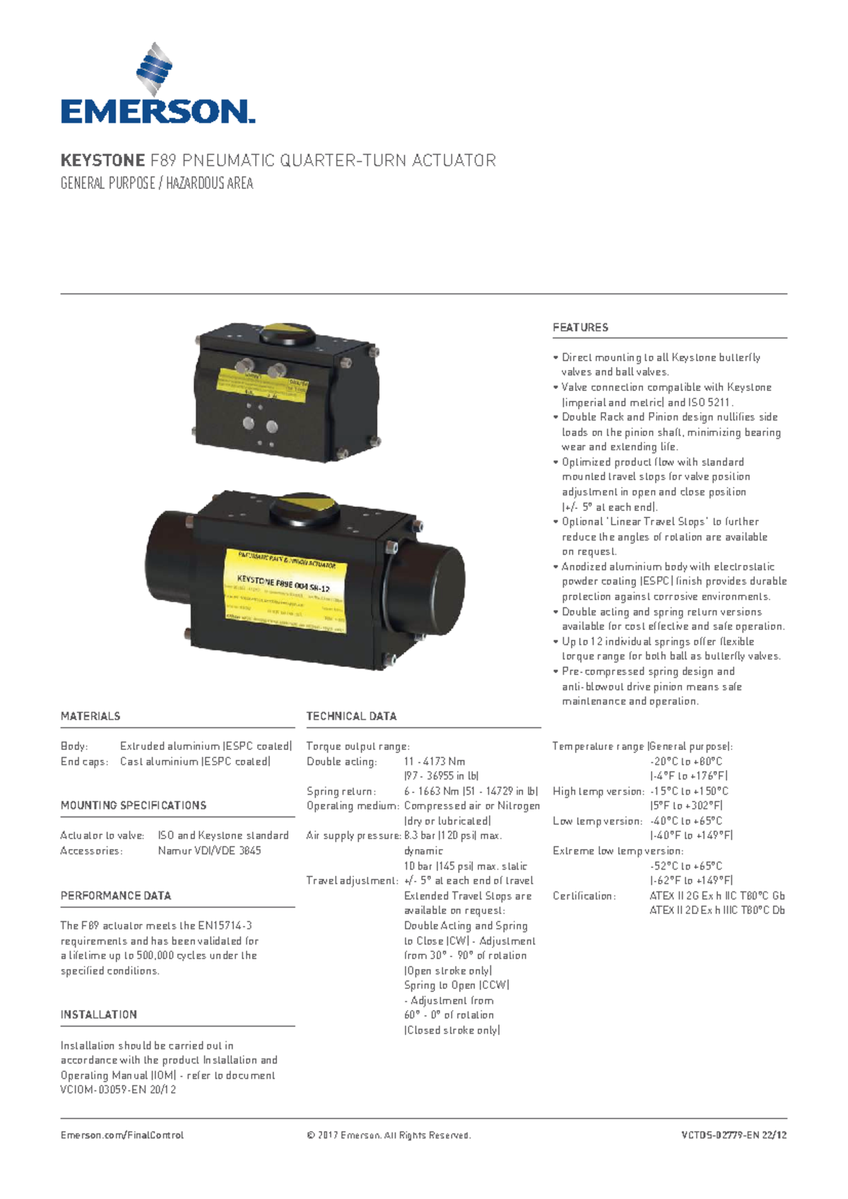 Keystone F89 Pneumatic Actuator Data Sheet - General Purpose Features ...