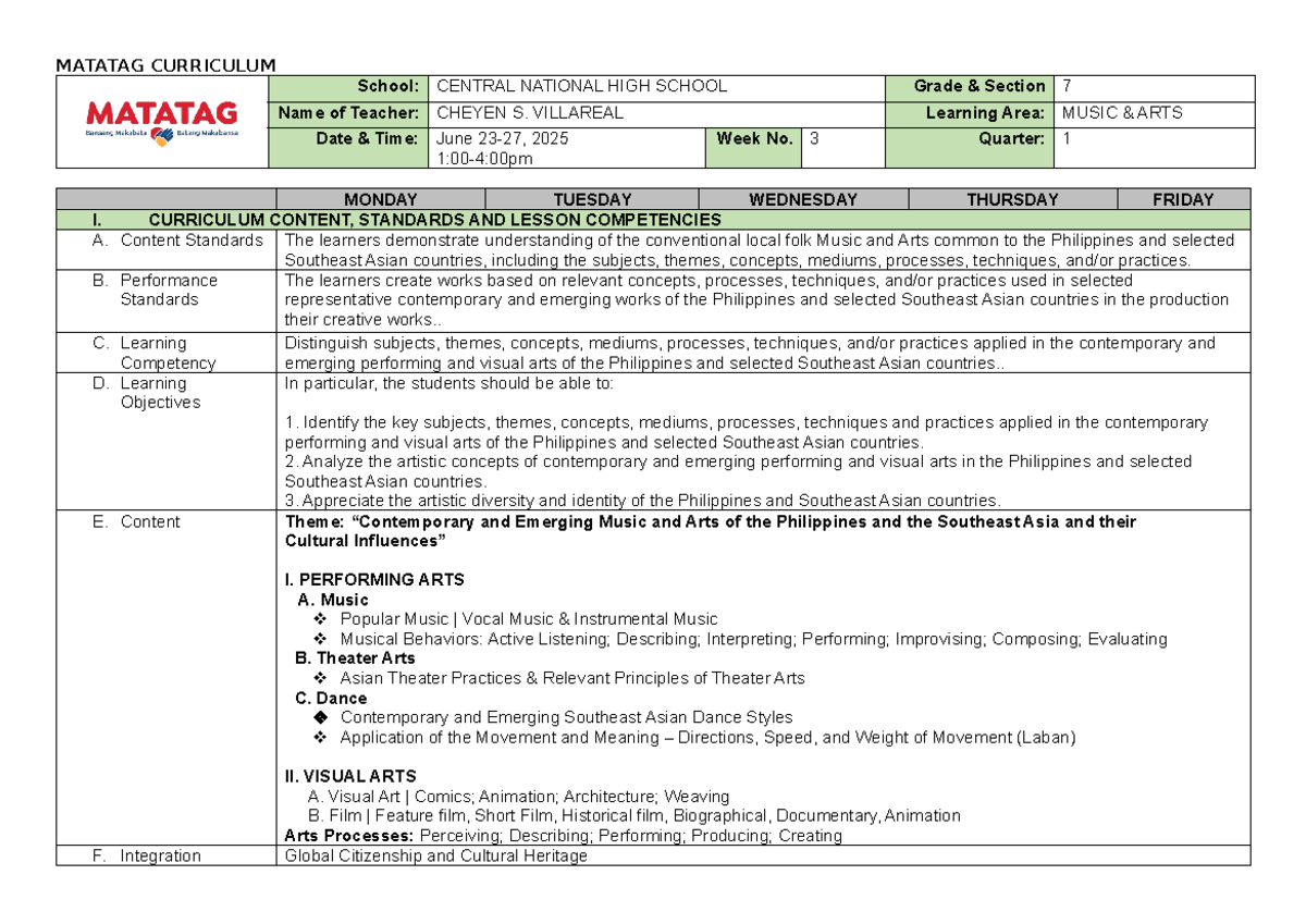 Q1 DLL Music ARTS 7 Lesson 2 - Week 3 Overview - Studocu