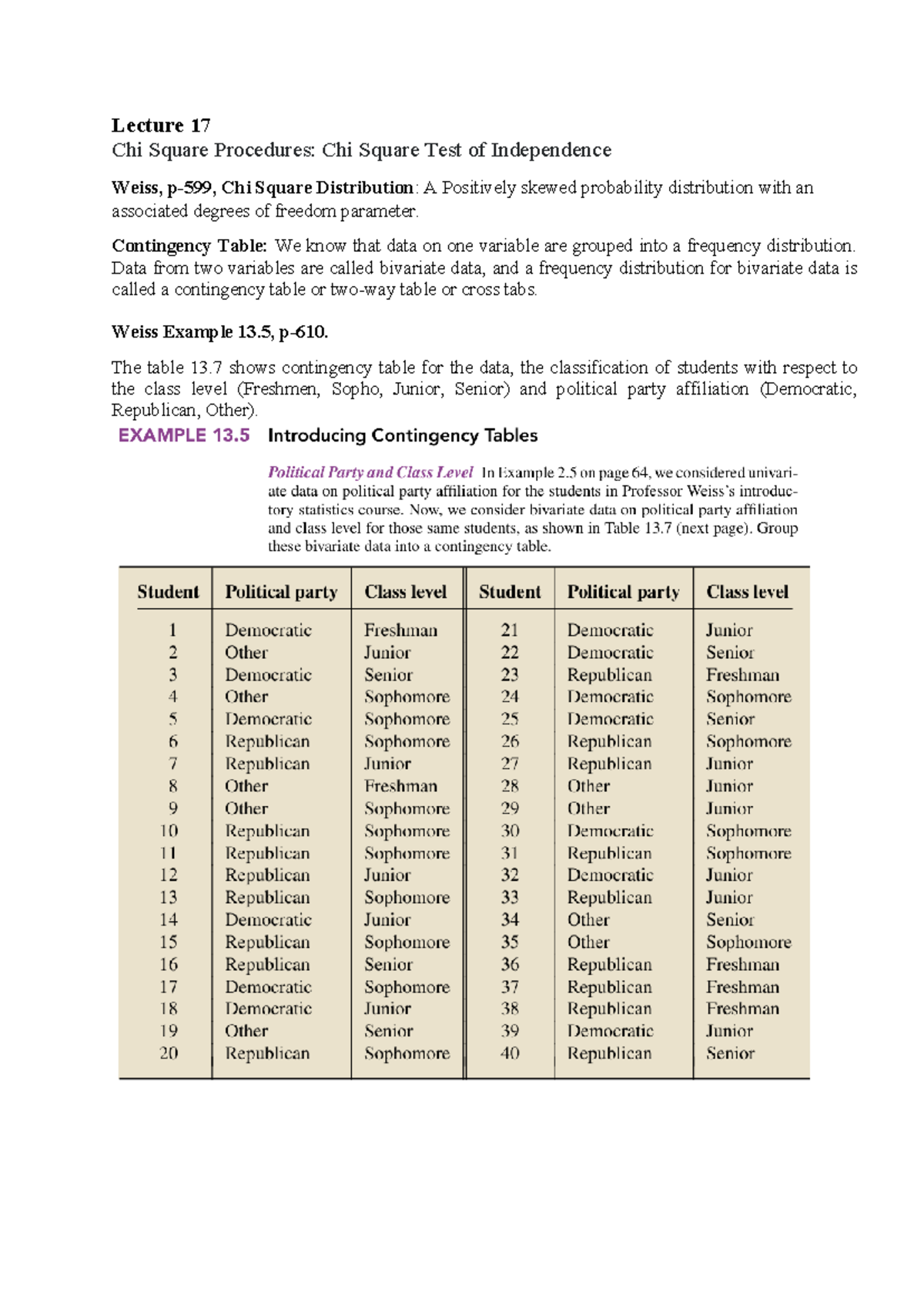 Chi Square Procedures Lecture Plan: Lec 17-20 (2024-1) - Studocu