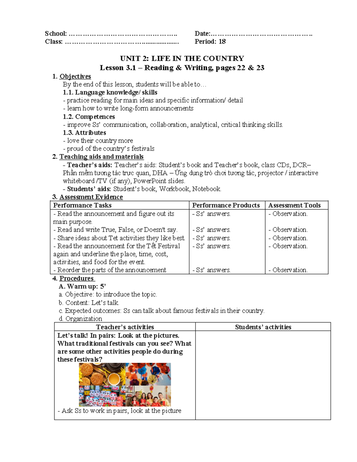 Unit 2 - Lesson 3.1: Reading & Writing - Life in the Country (Pages 22 ...