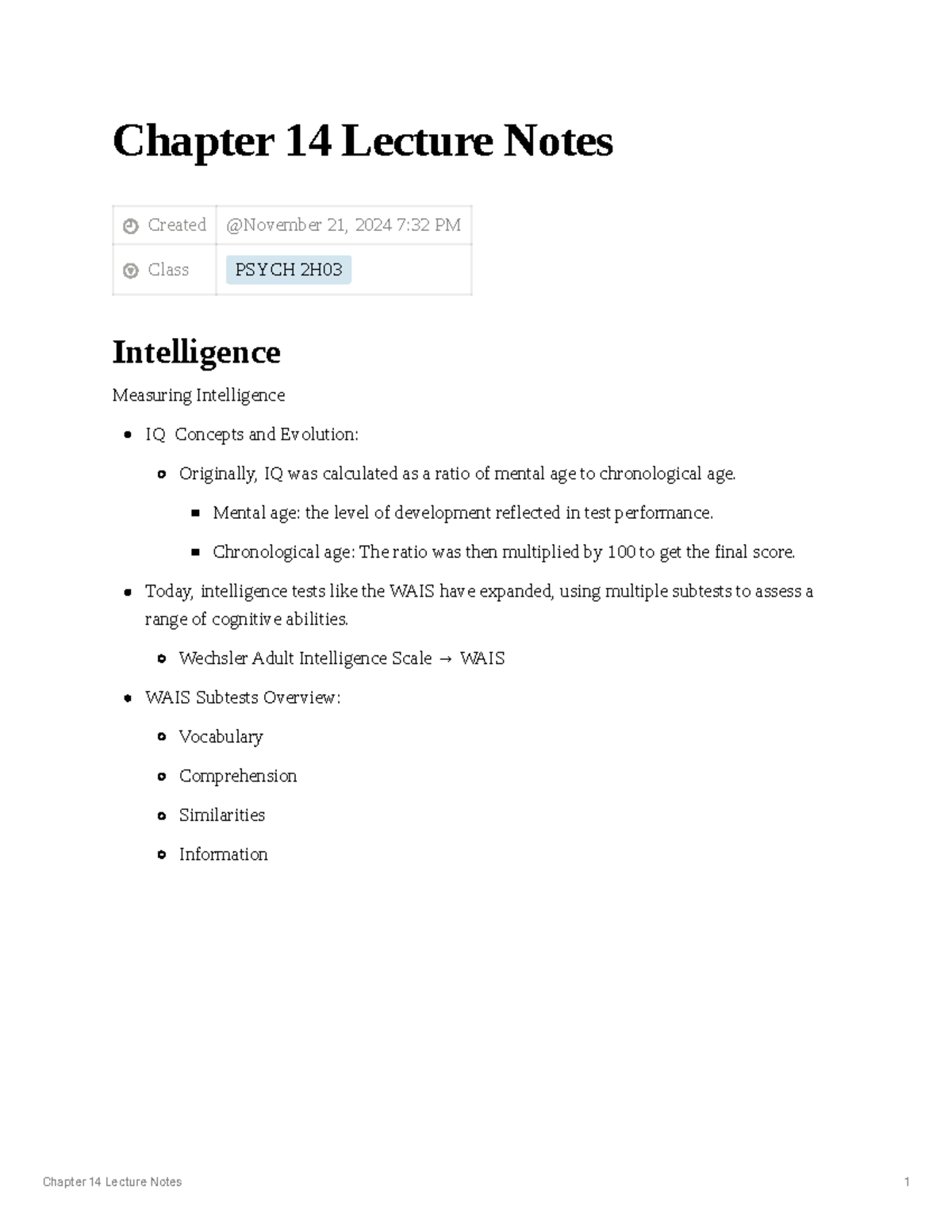 PSYCH 2H Chapter 14 Lecture Notes: Understanding Intelligence - Studocu