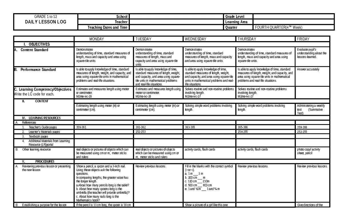 Q4W2 DLL MATH2 - Measuring Length: Objectives & Procedures - Studocu