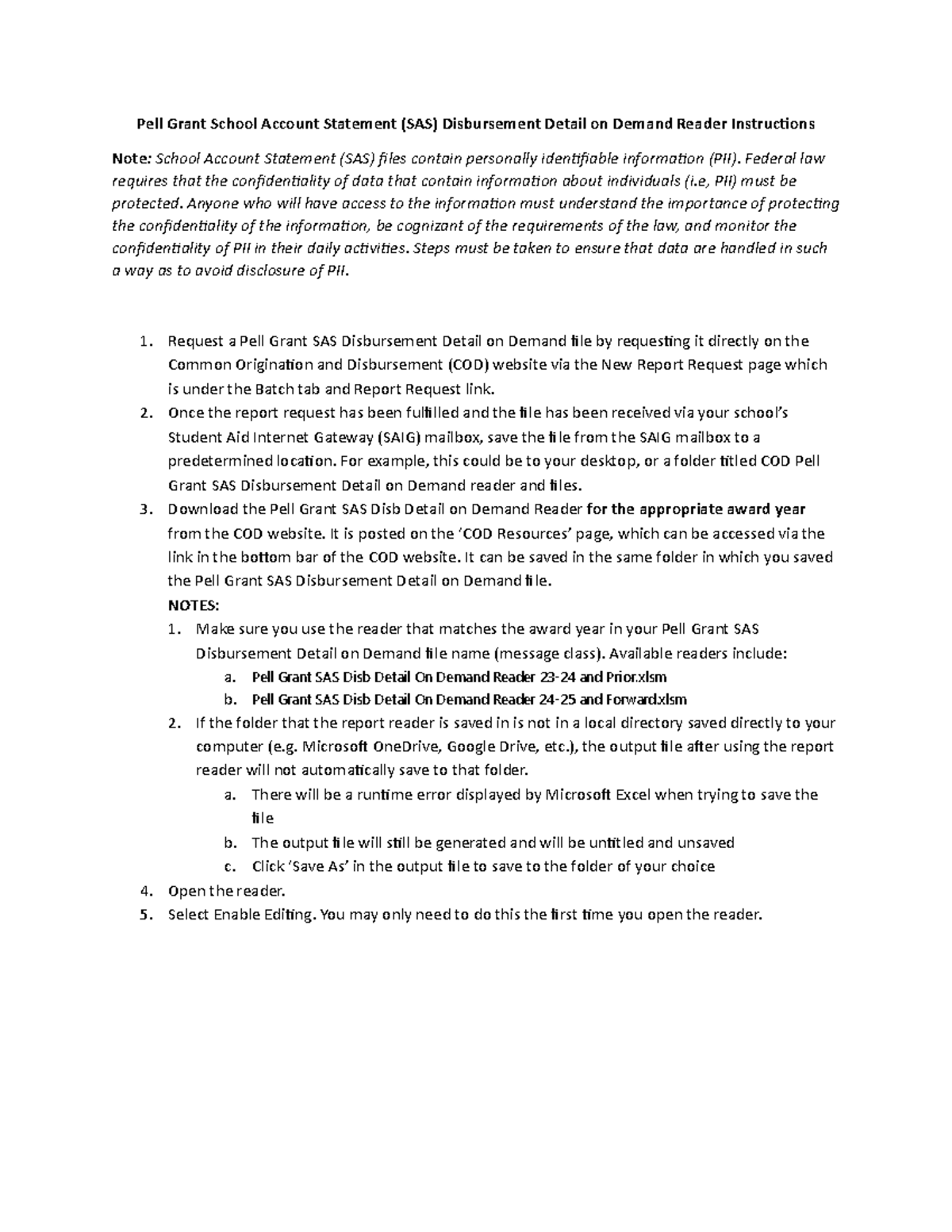 Pell Grant SAS Disb Detail On Demand Reader Instructions Guide - Studocu