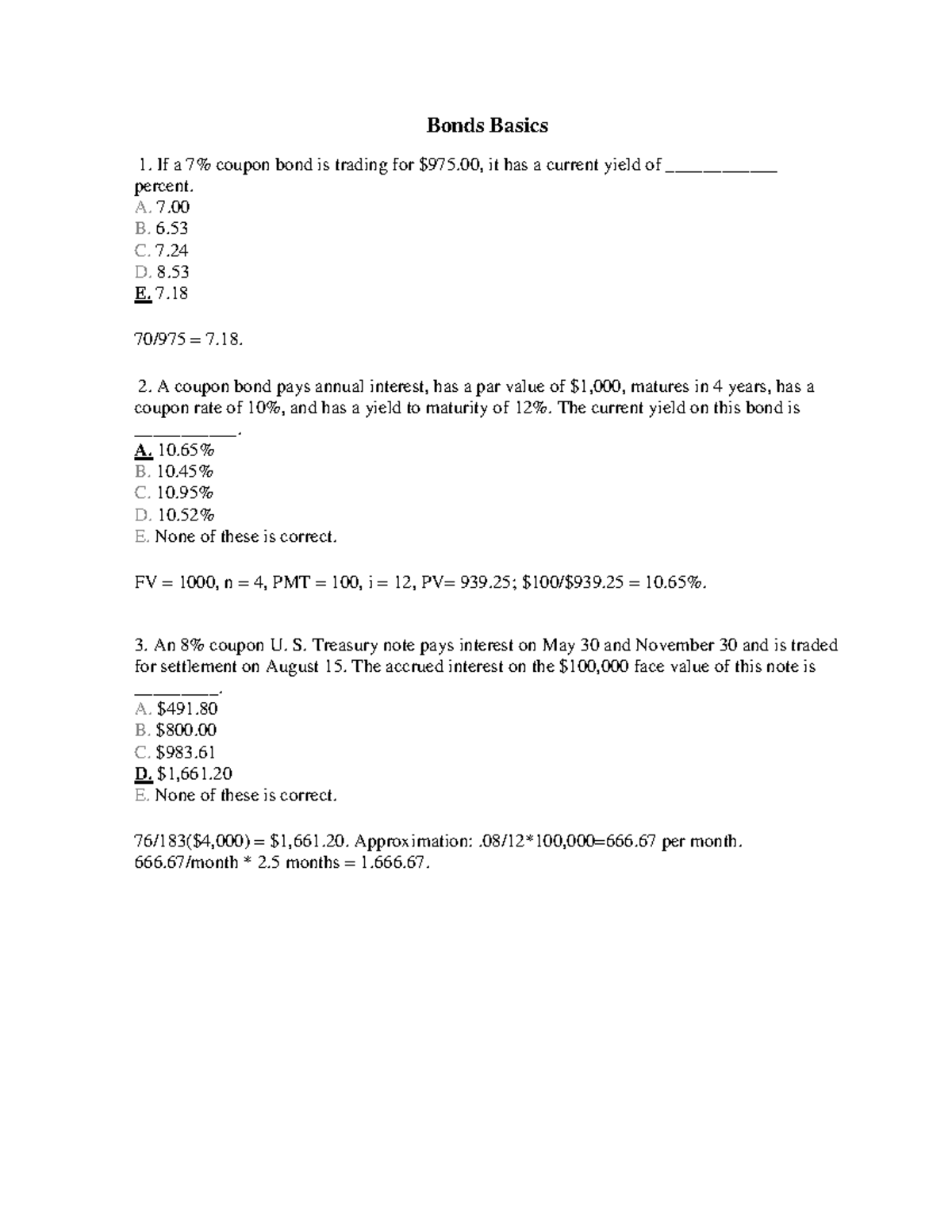 Bonds Basics: Comprehensive Study Guide on Bonds and Their Values - Studocu