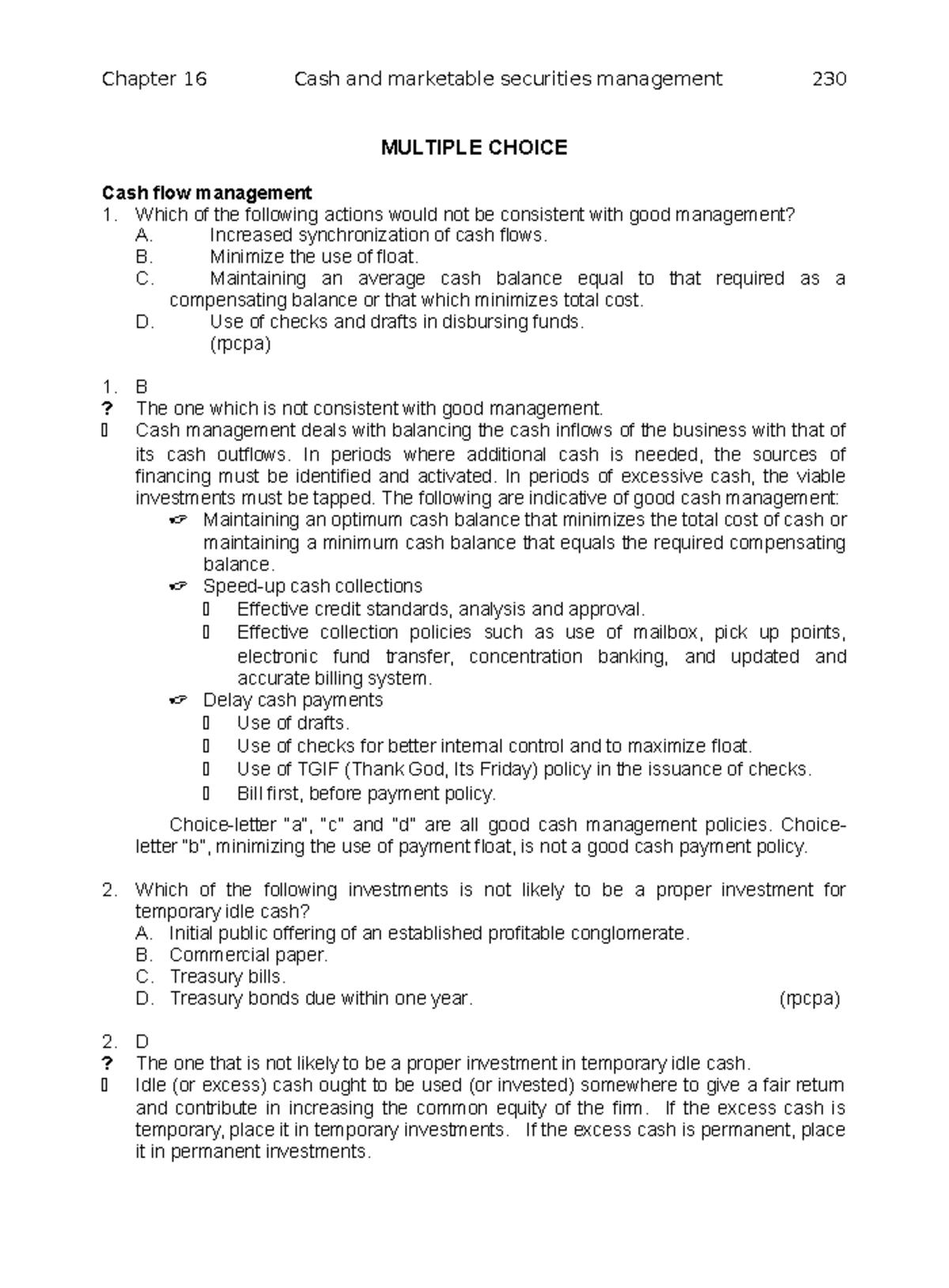 **Cash Flow Management MCQ Practice Materials (012)** - Studocu