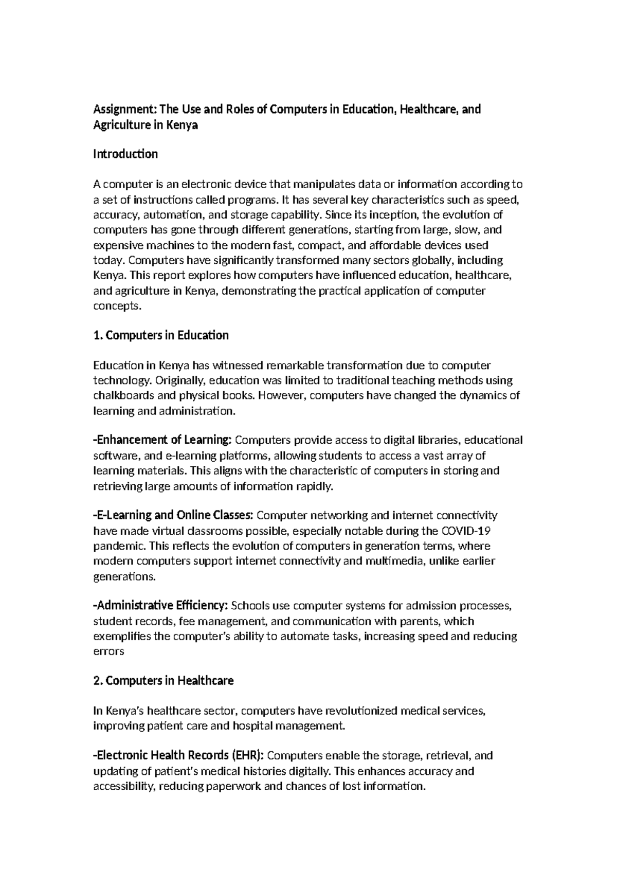 Assignment: The Role of Computers in Education, Healthcare ...