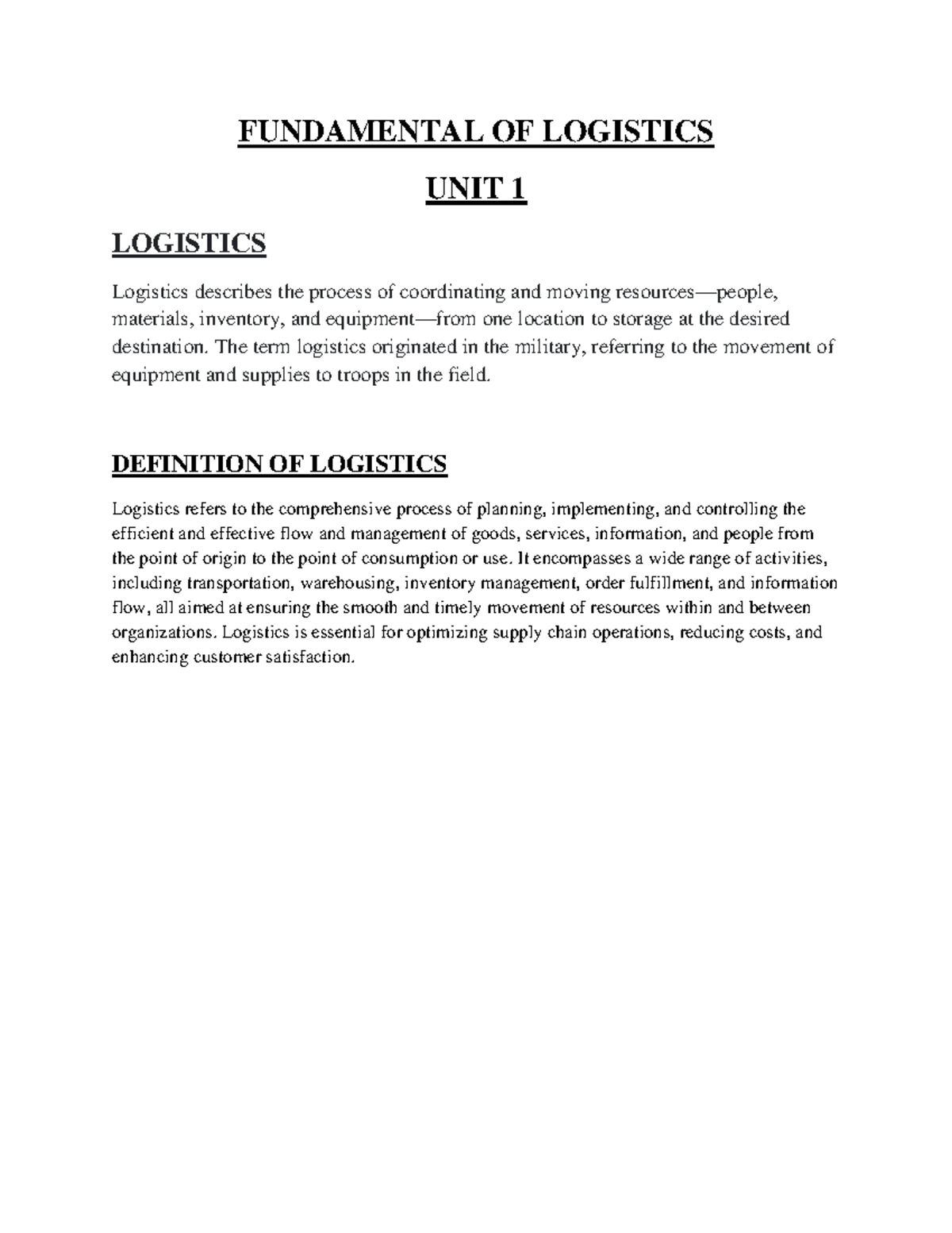 Fundamentals of Logistics: Unit 1 Overview and Key Concepts - Studocu