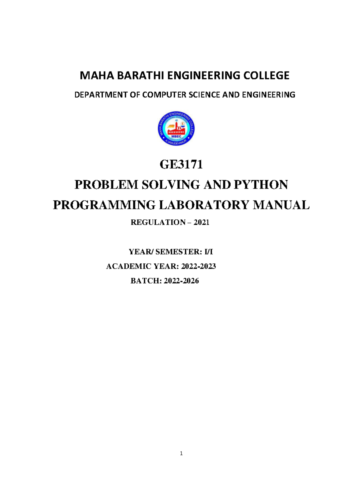 GE3171 Problem Solving & Python Programming Lab Manual - Studocu