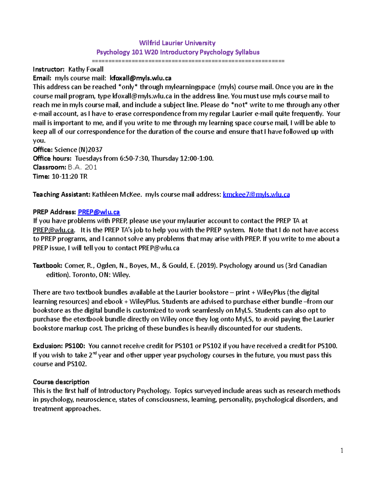 W20 PS101 Intro Psychology Course Syllabus - Wilfrid Laurier - Studocu