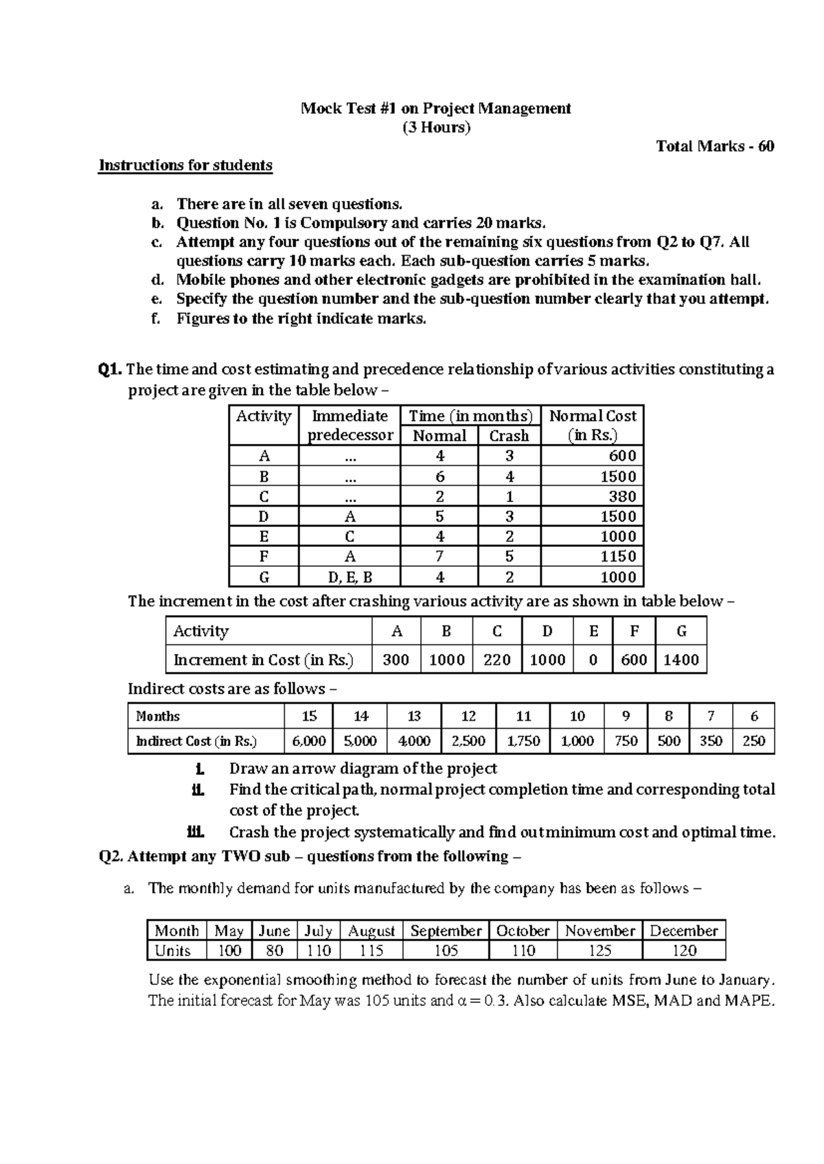 Project Management Mock Test #1 - MMS 2022-24, Apr 2024 - Studocu
