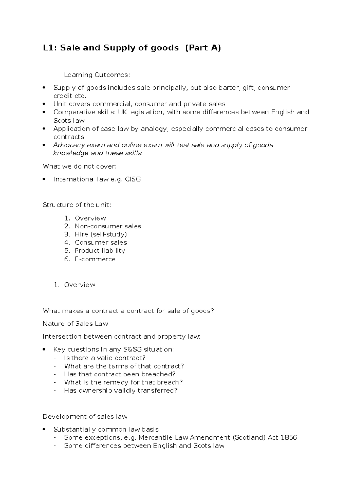 L1 C & CC - Lecture 1: Sale and Supply of Goods Overview - Studocu
