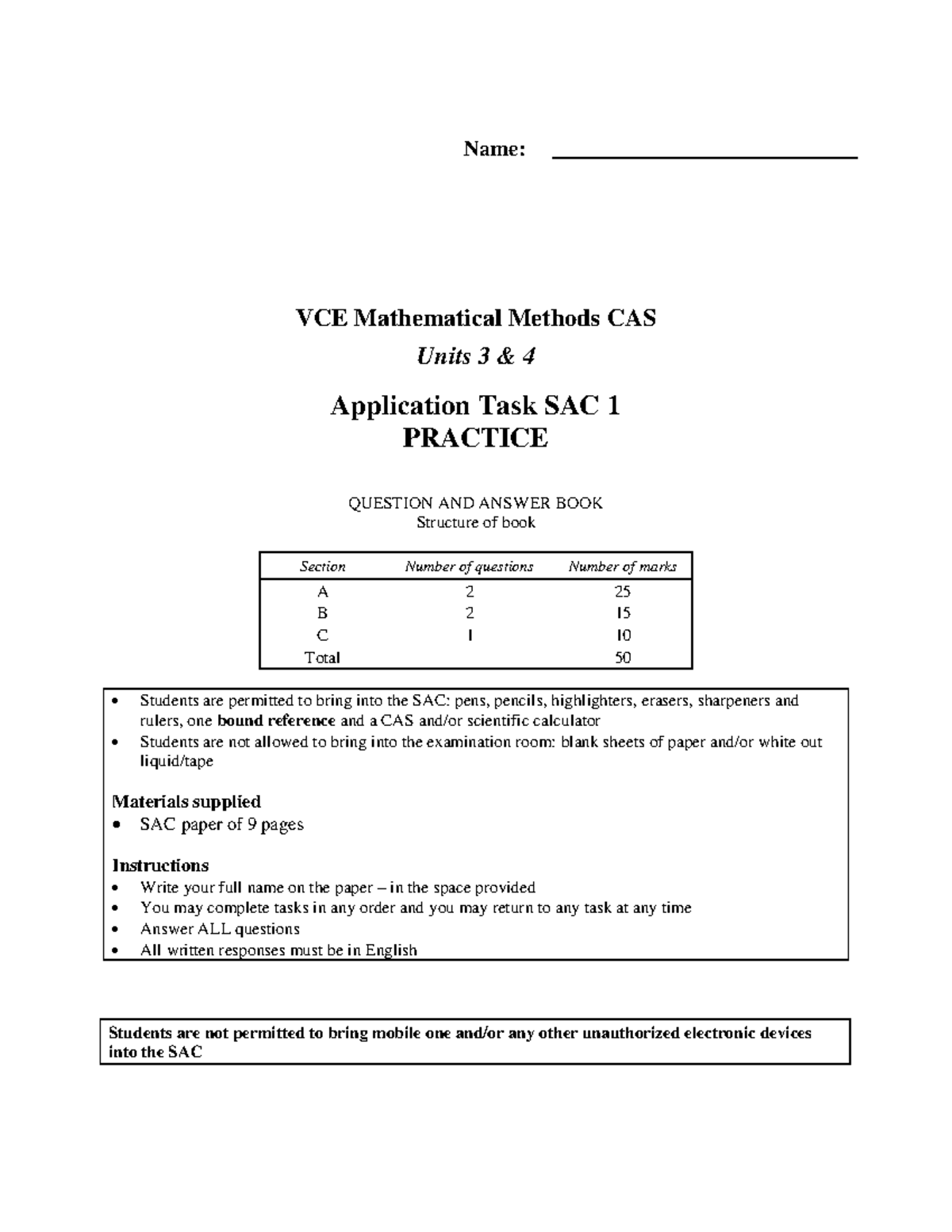 SAC 1 Application Task Practice: VCE Mathematical Methods Units 3 & 4 ...