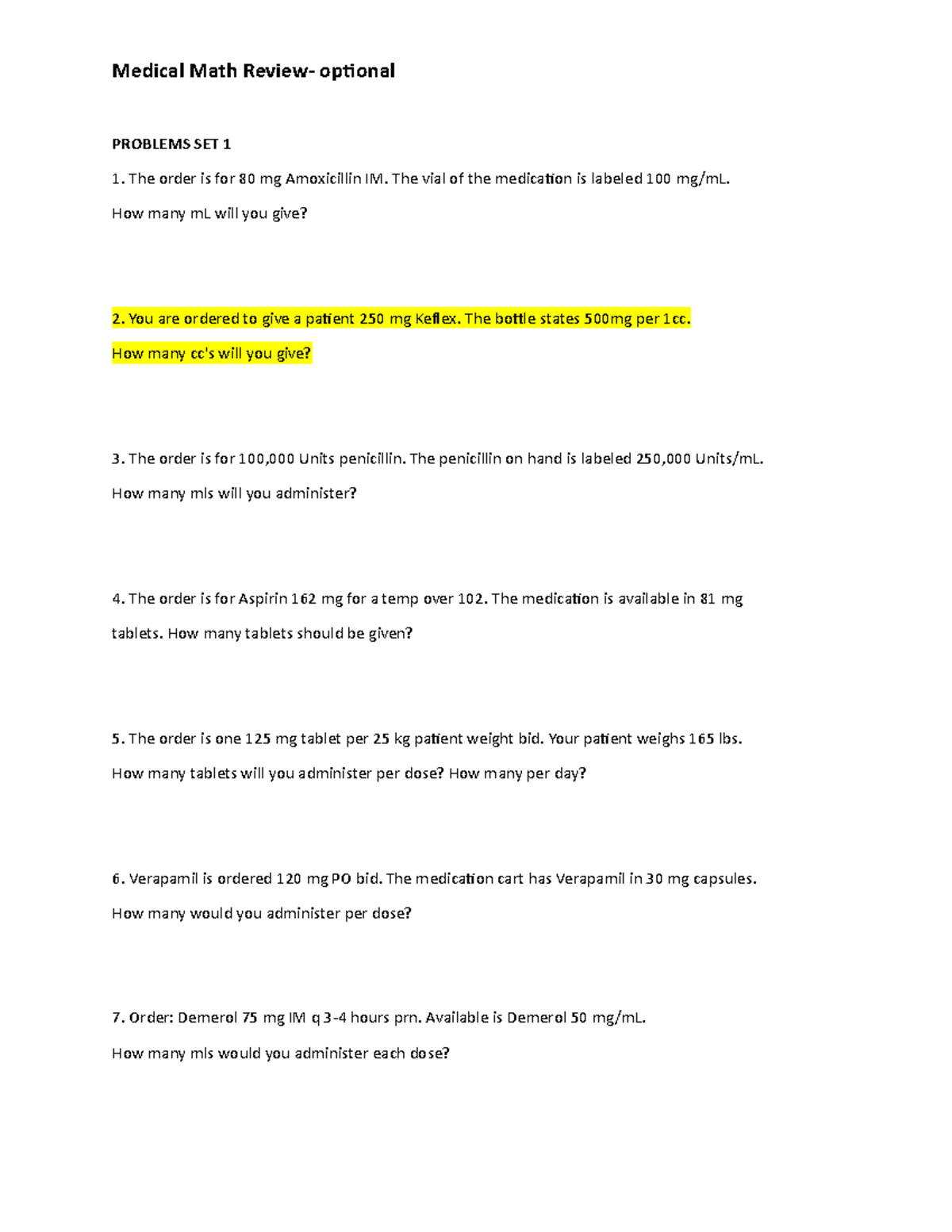 Medical Math Review - Practice Problems for Course MD 101 - Studocu