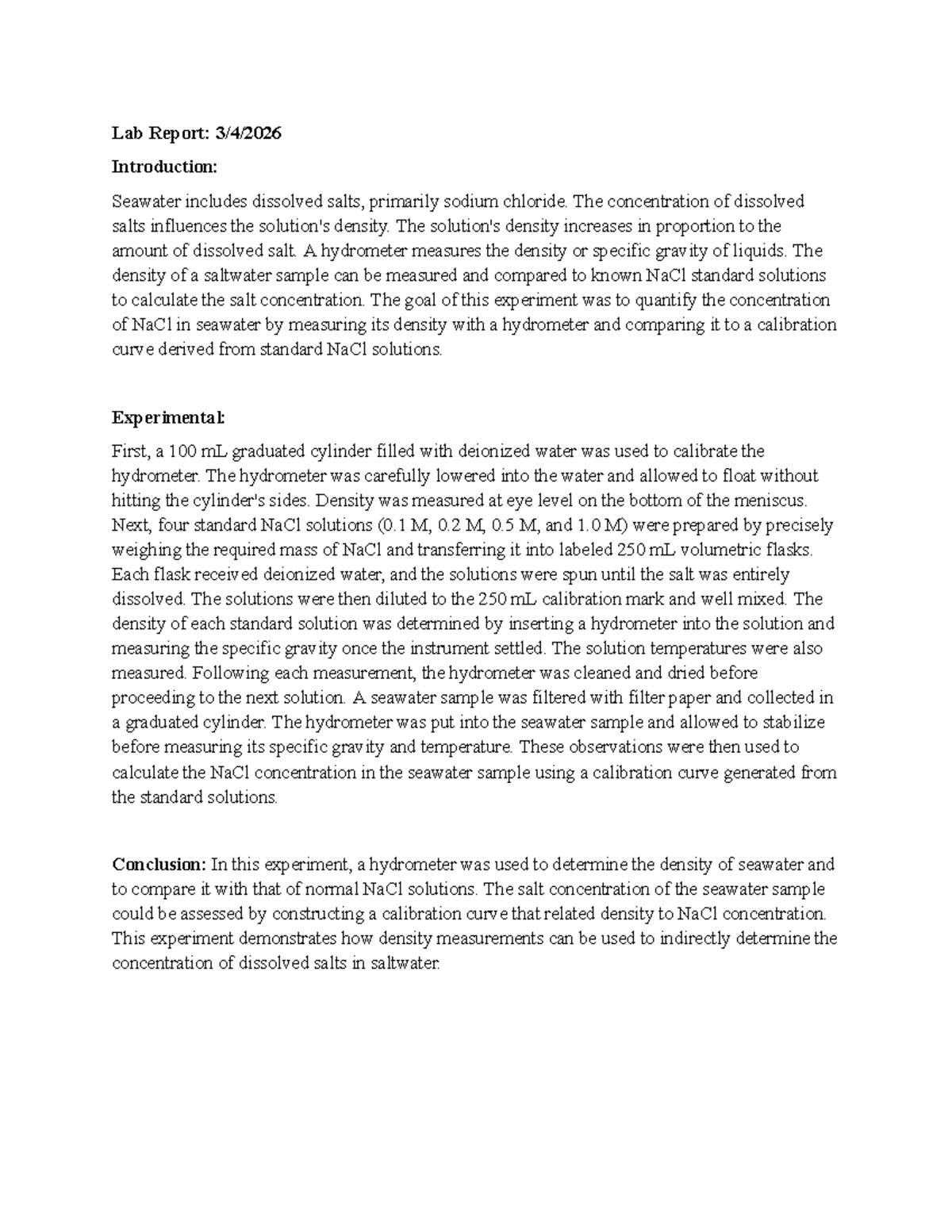 Lab Report 3: Measuring NaCl Concentration in Seawater Density - Studocu