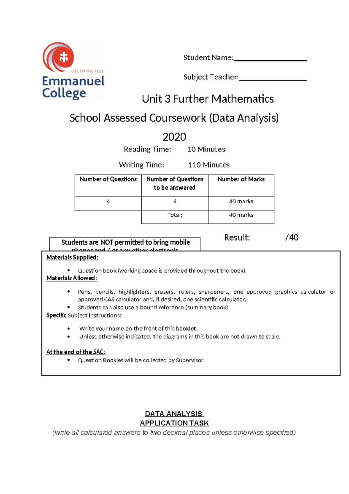 FM unit 3 SAC 2 Data Analysis part 1 2020 - Student Name: Subject ...