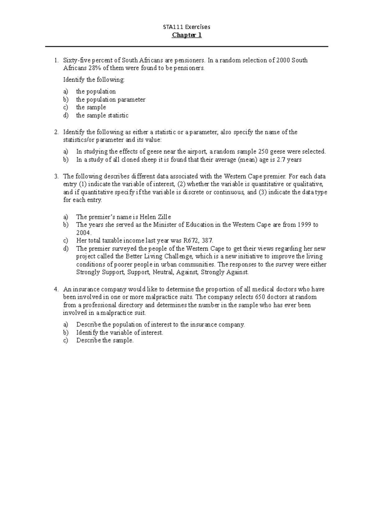 Chapter 1 Exercises - STA111 Statistics Fundamentals - Studocu